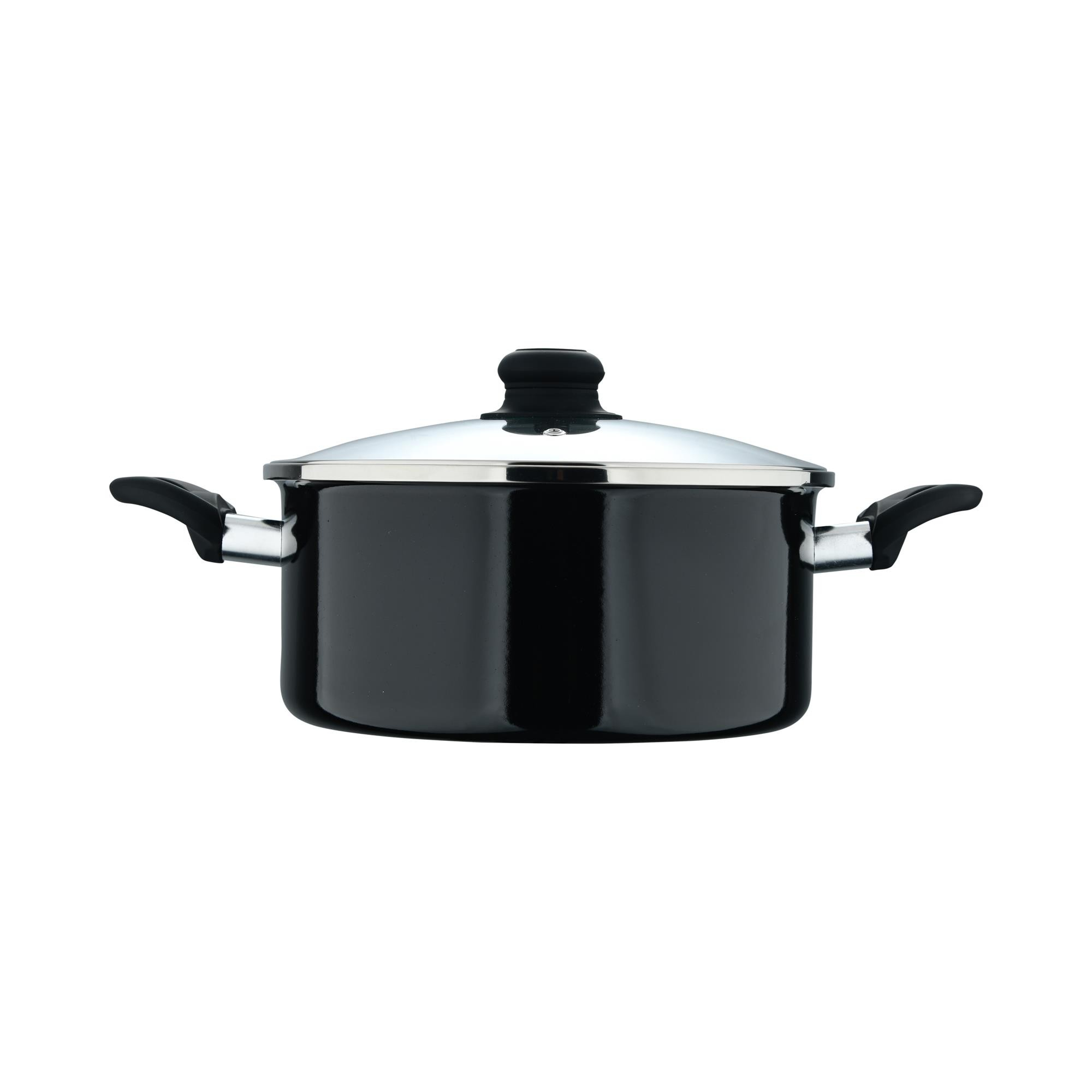 Una olla negra con dos asas y tapa de cristal con pomo negro.
