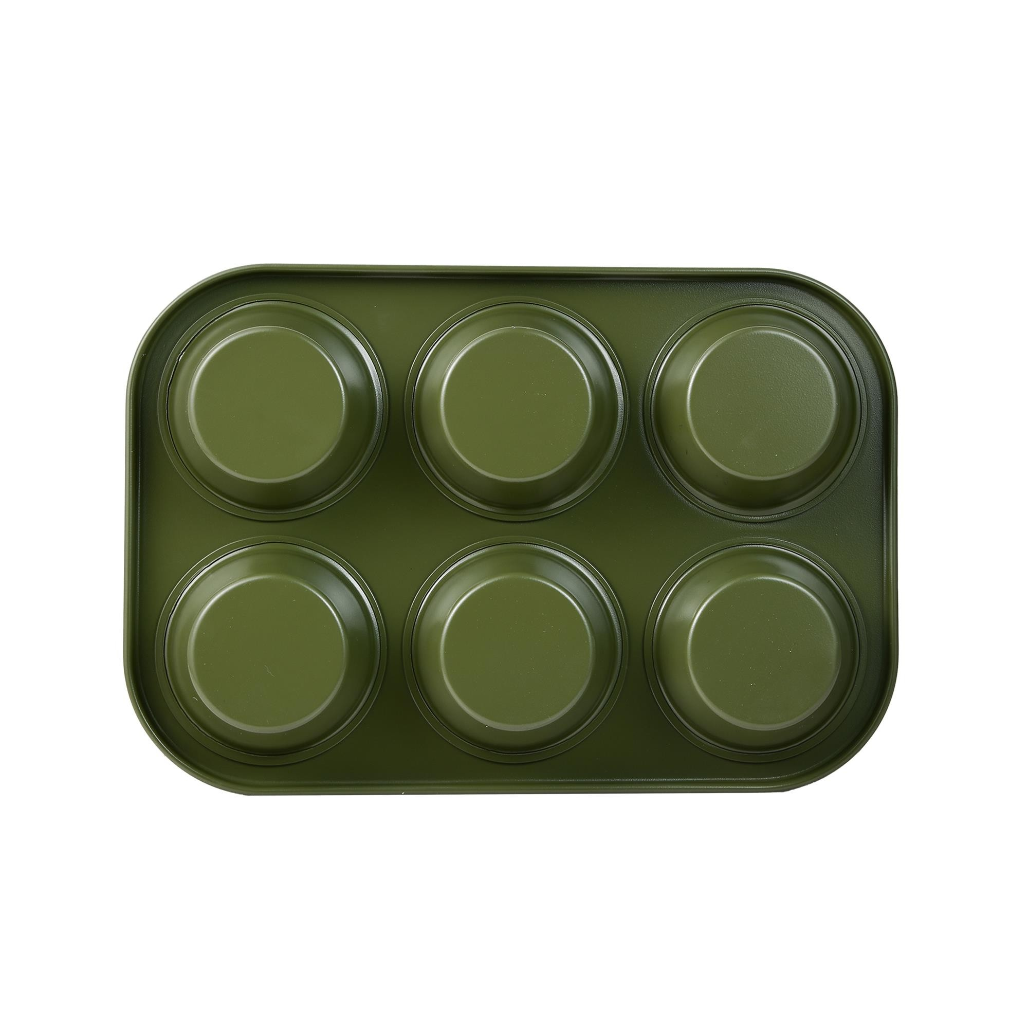 Molde para muffins verde con seis cavidades redondas.