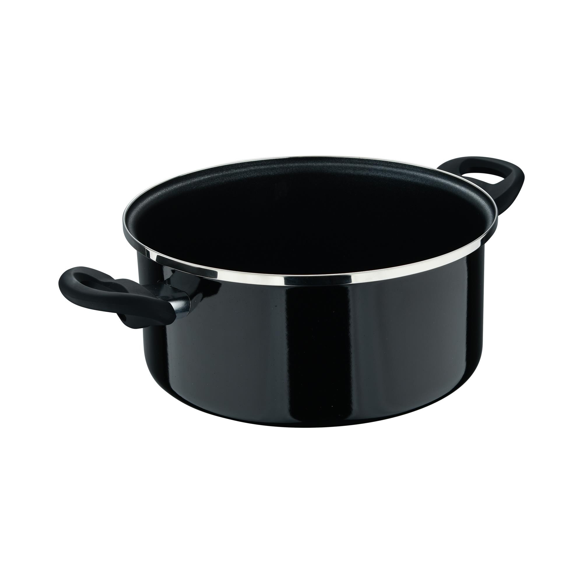 Una olla negra con dos asas sobre fondo blanco.