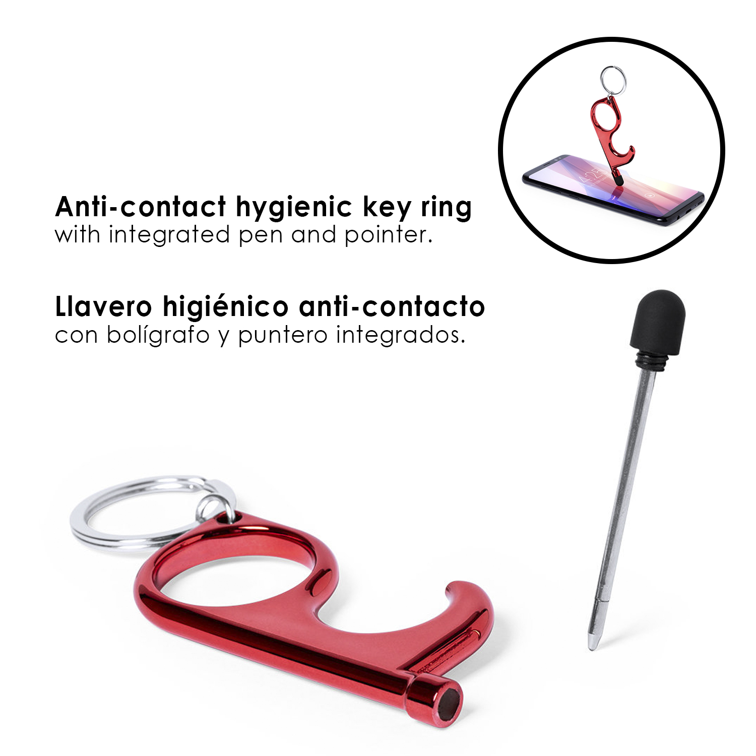 Portachiavi igienico rosso con penna e puntatore integrati.