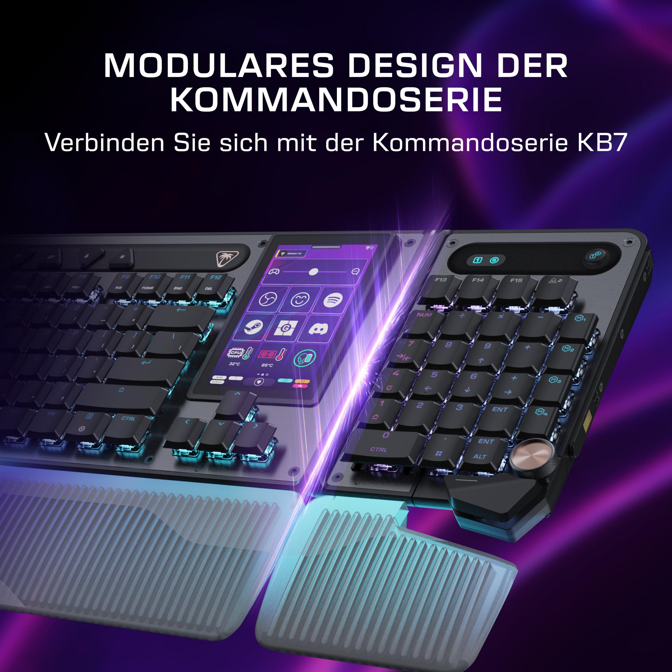 Modulare Tastatur mit Touchscreen und beleuchteten Tasten.