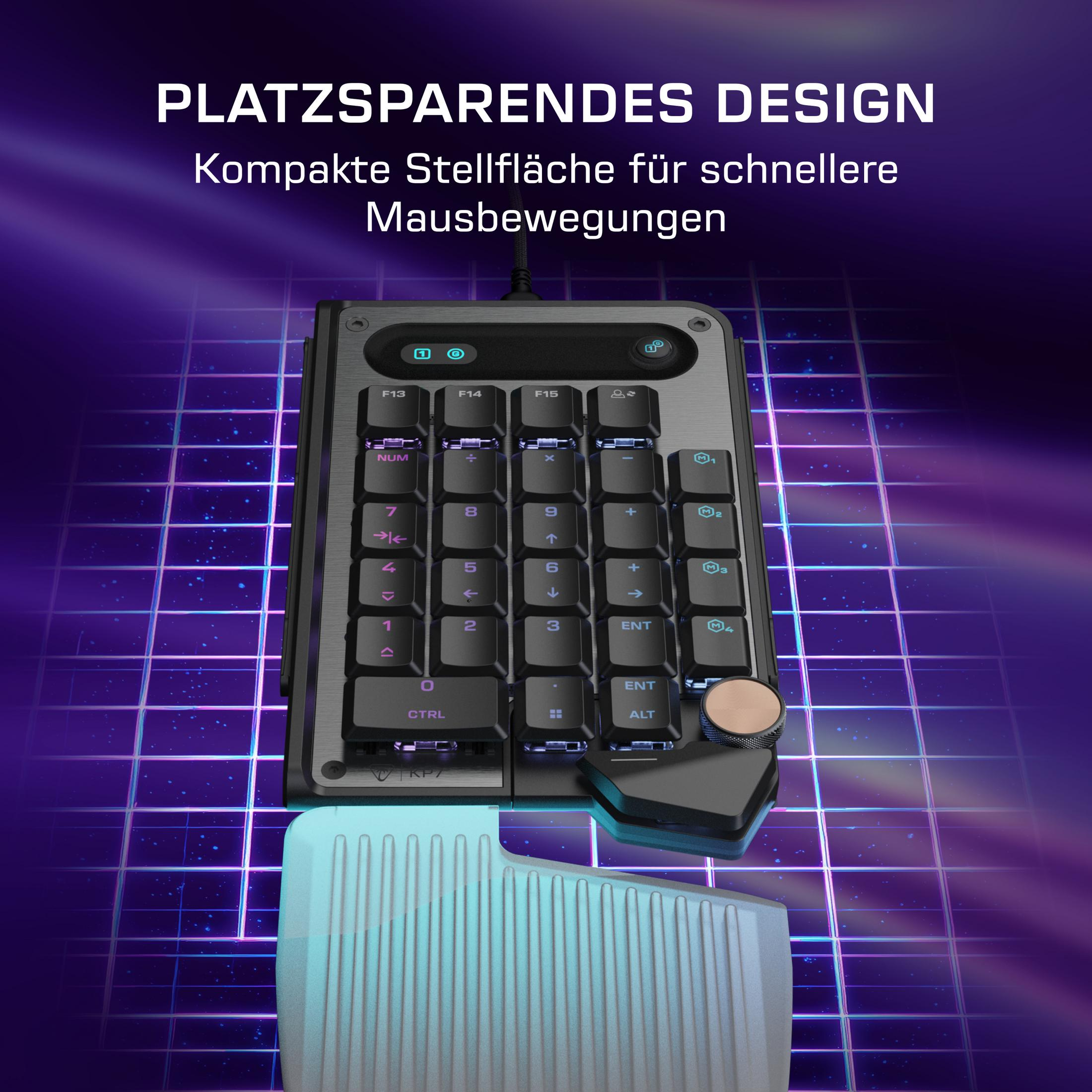 Kompakte Tastatur mit beleuchteten Tasten und silbernem Drehrad.