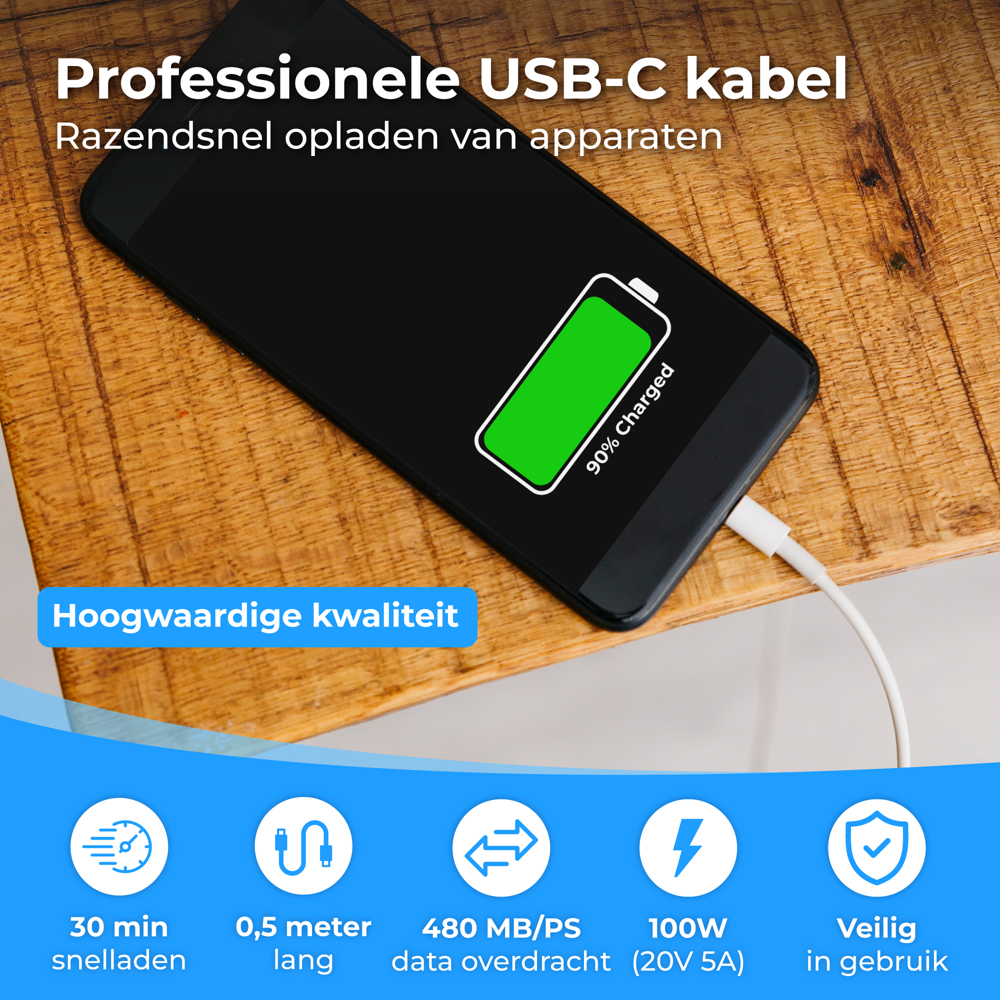 Professionele USB-C kabel laadt smartphone op voor 90%. Op houten tafel.