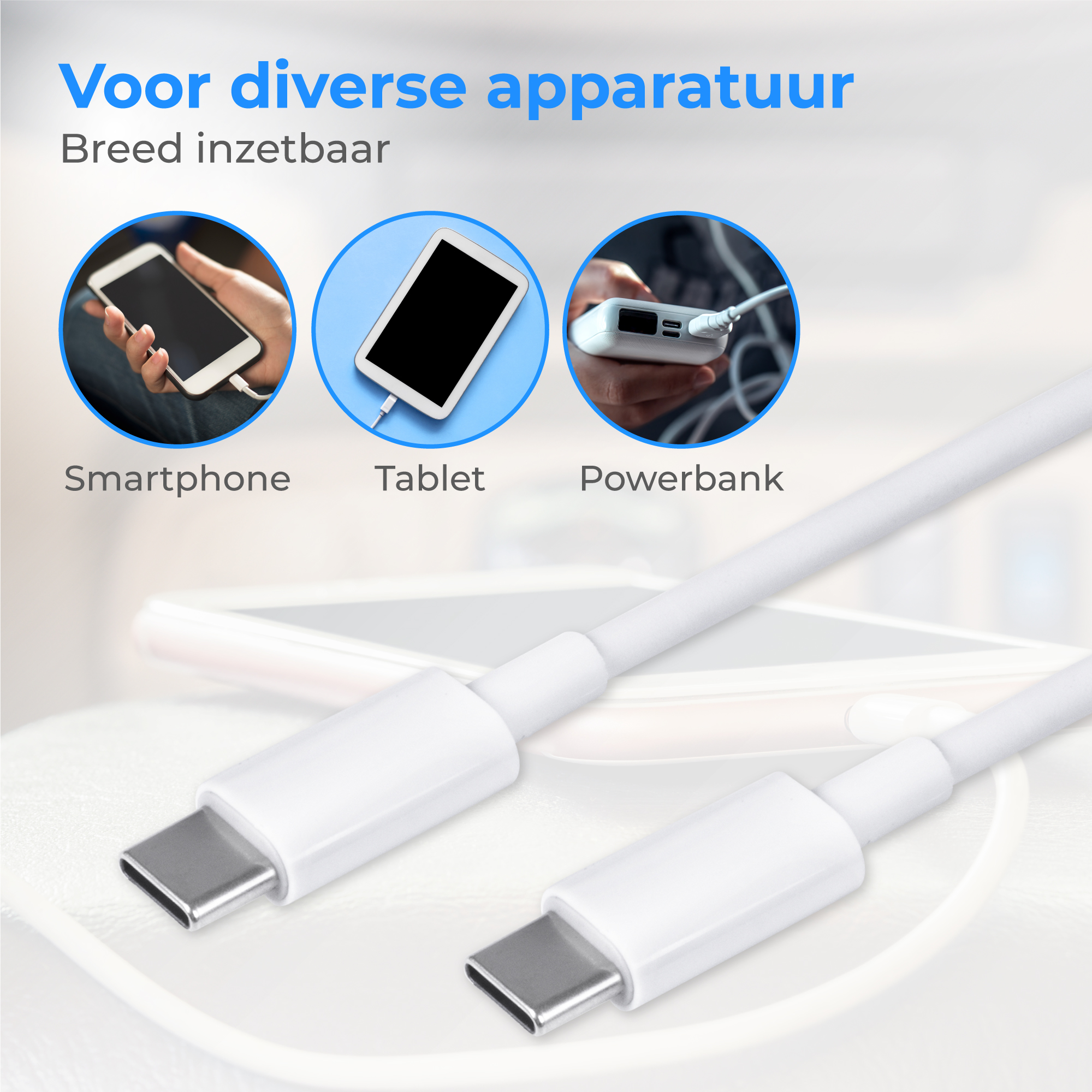 USB-C kabel laadt smartphone, tablet en powerbank op.