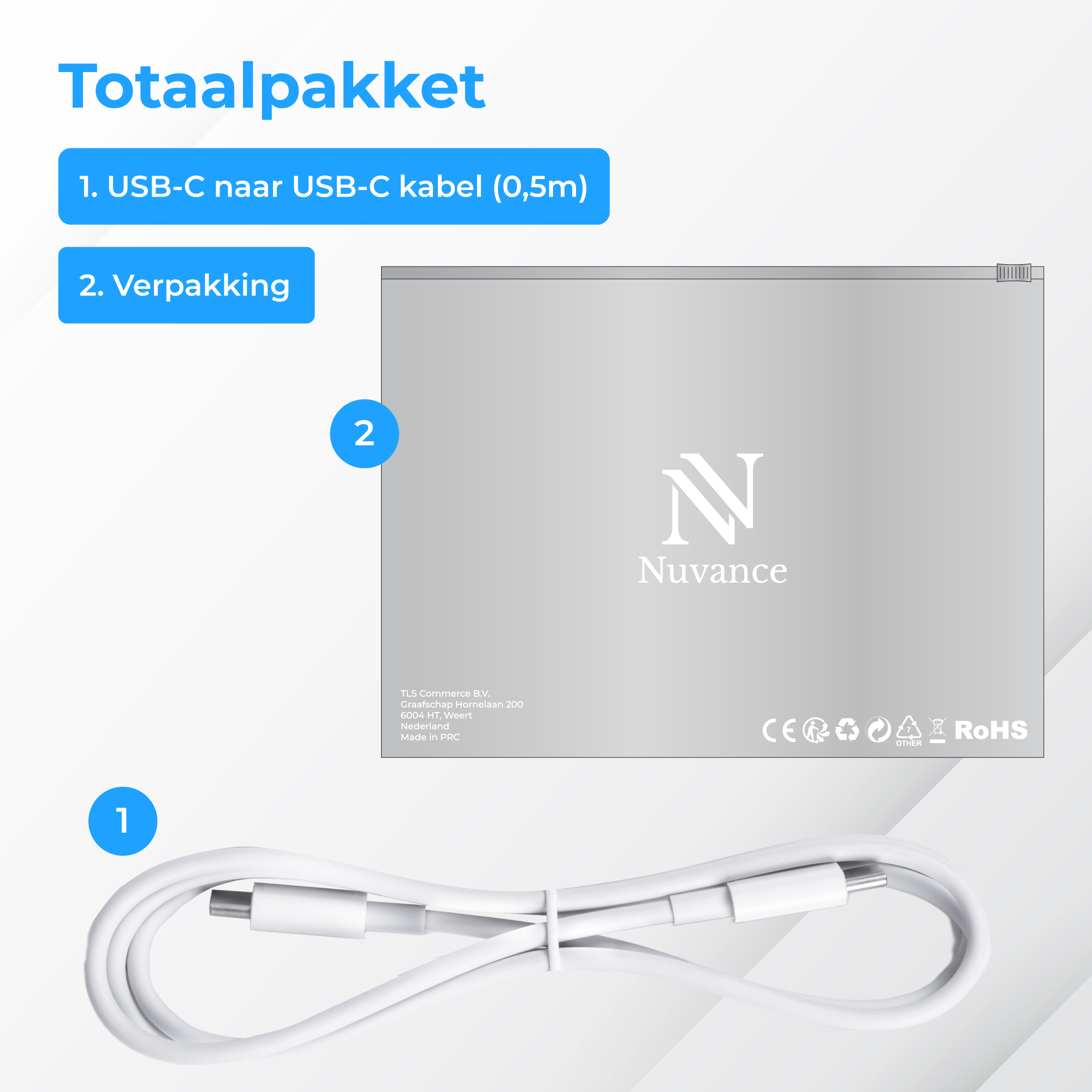 Een witte USB-C kabel ligt naast een grijze doos met het Nuvance logo.