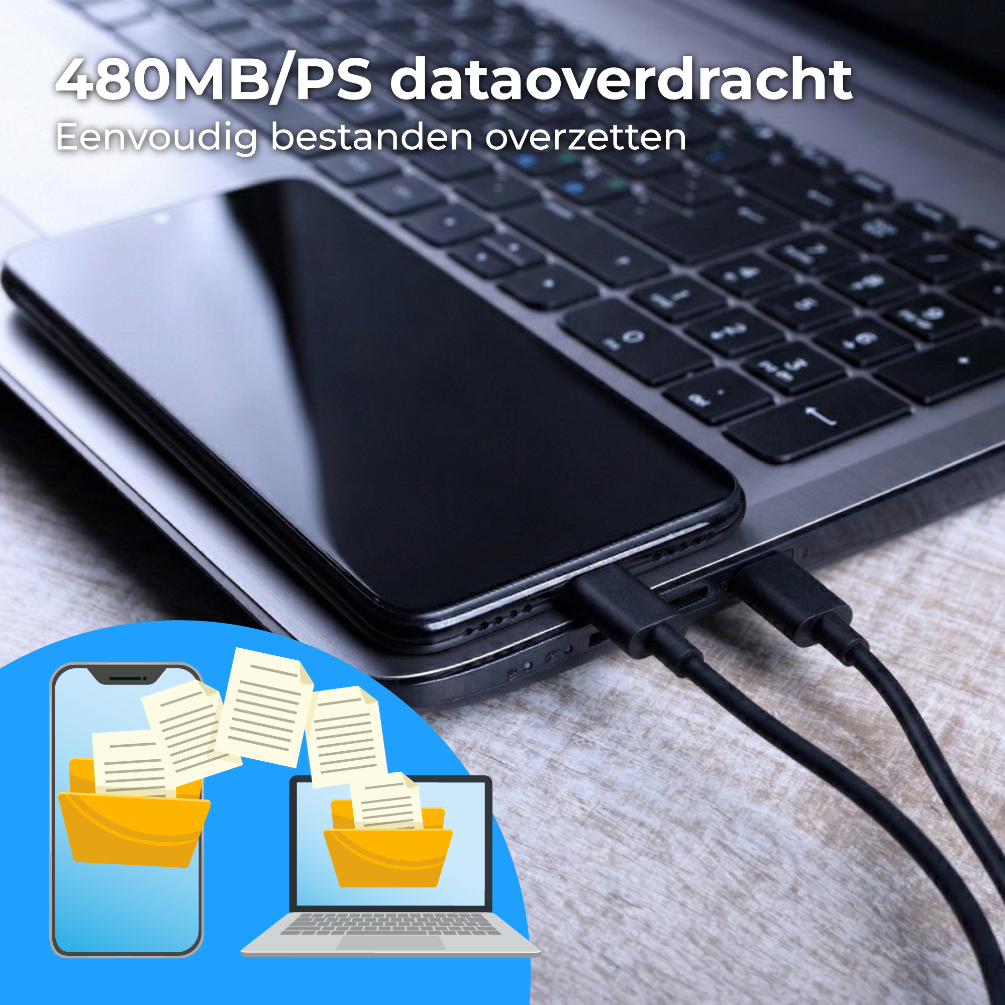 Gegevensoverdracht tussen smartphone en laptop via USB-C kabel.