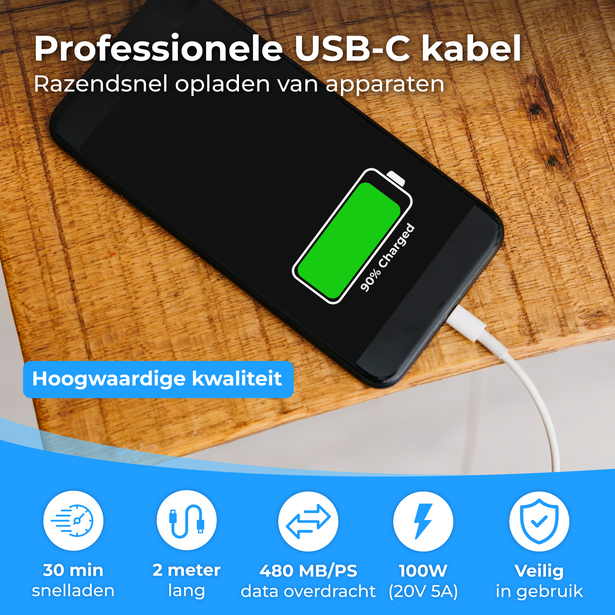 Een smartphone laadt op via USB-C kabel, 90% opgeladen weergegeven.