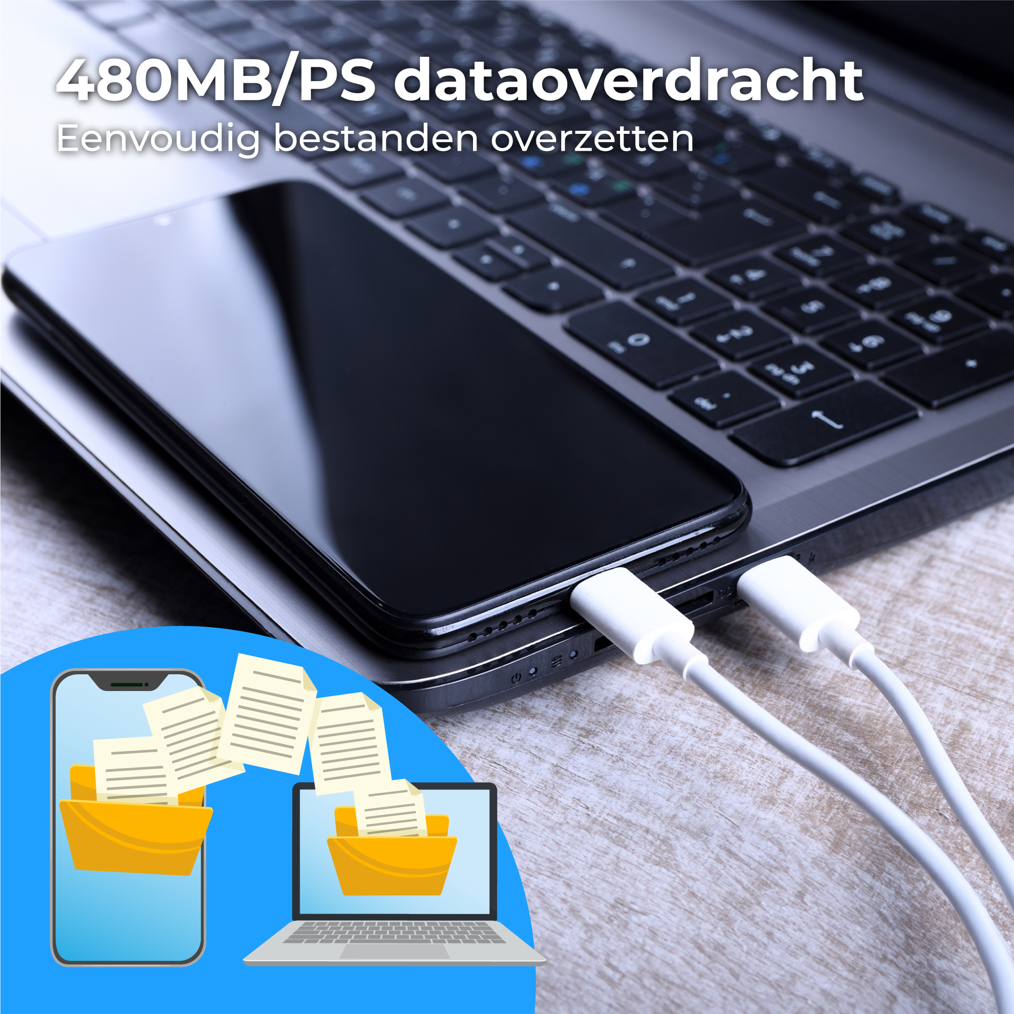 Een smartphone en laptop verbonden met USB-C kabels, met mappen en documenten.