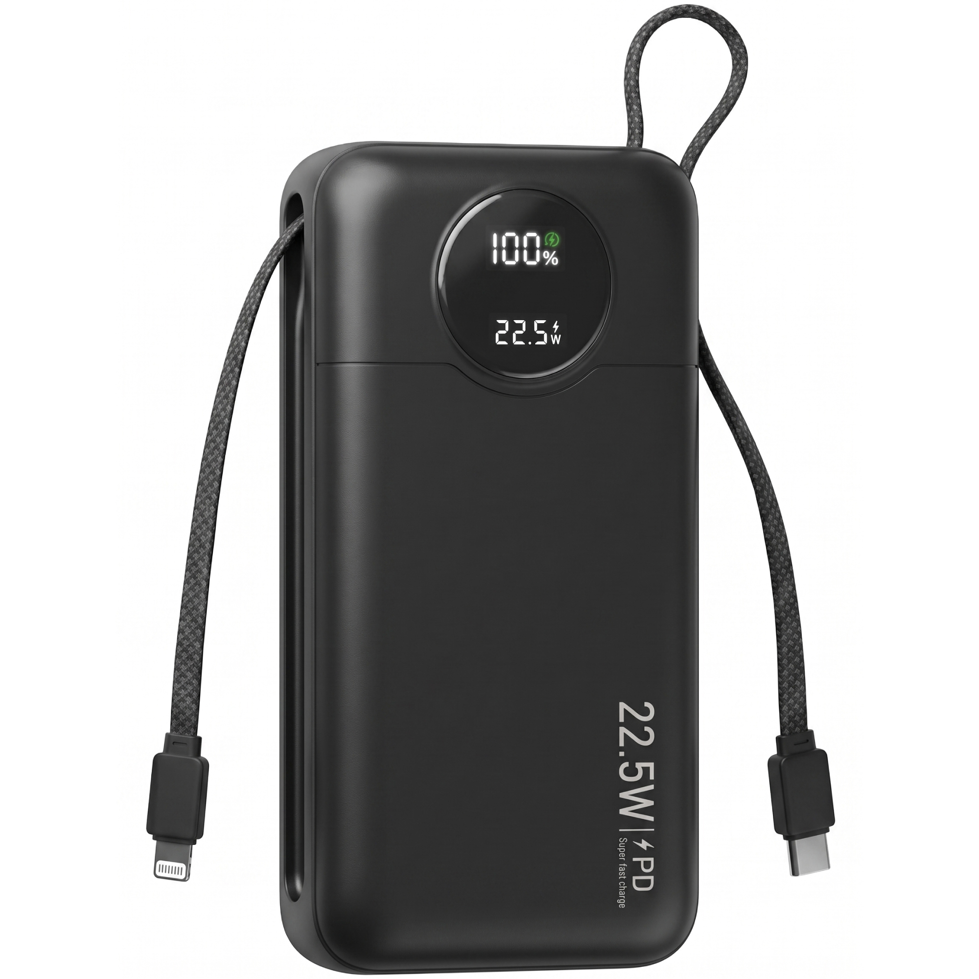 Zwarte powerbank met Lightning- en USB-C-kabels. Display toont 100% en 22,5W.