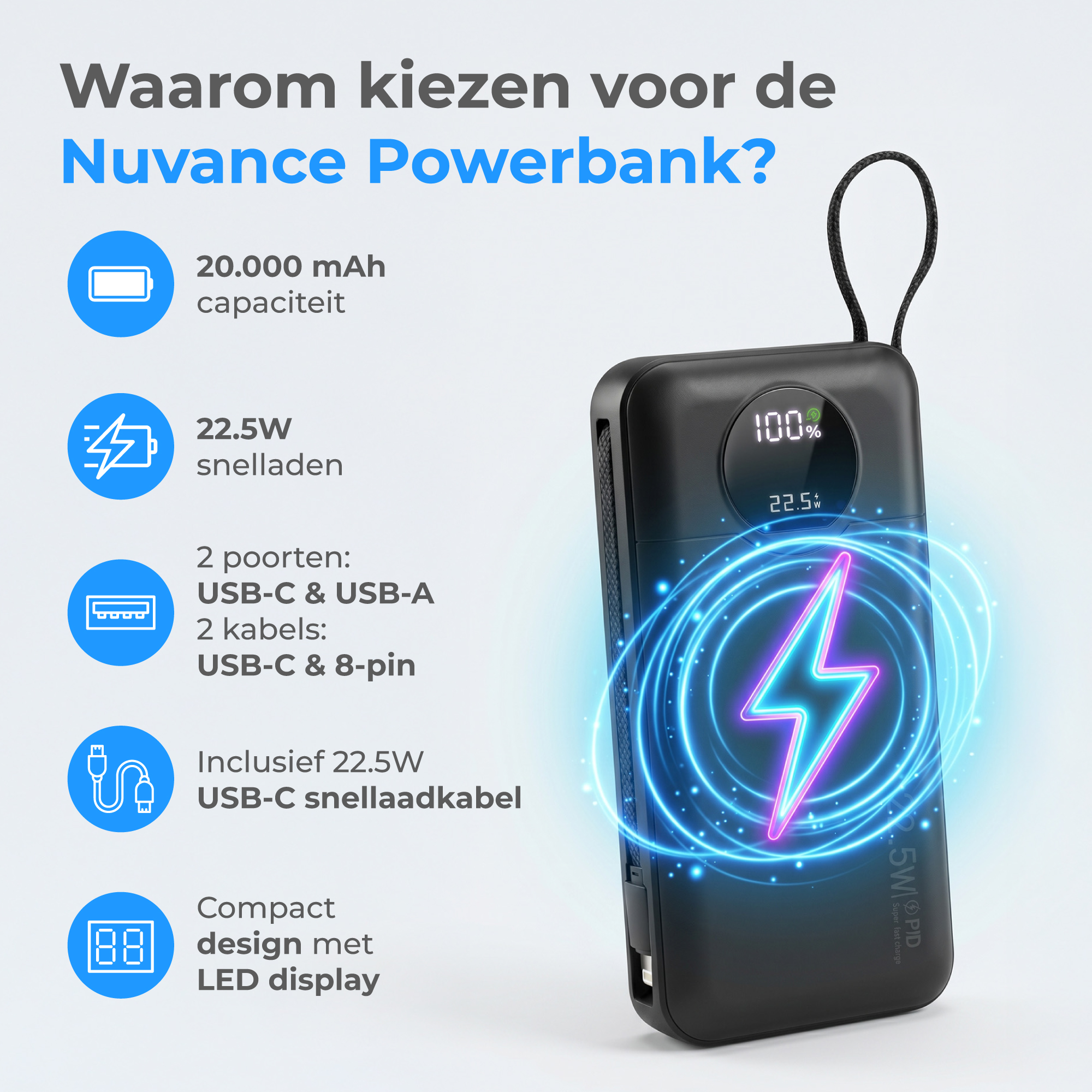 Zwarte powerbank met bliksemschicht-icoon, 100% display, 22,5W. Kenmerken opgesomd.