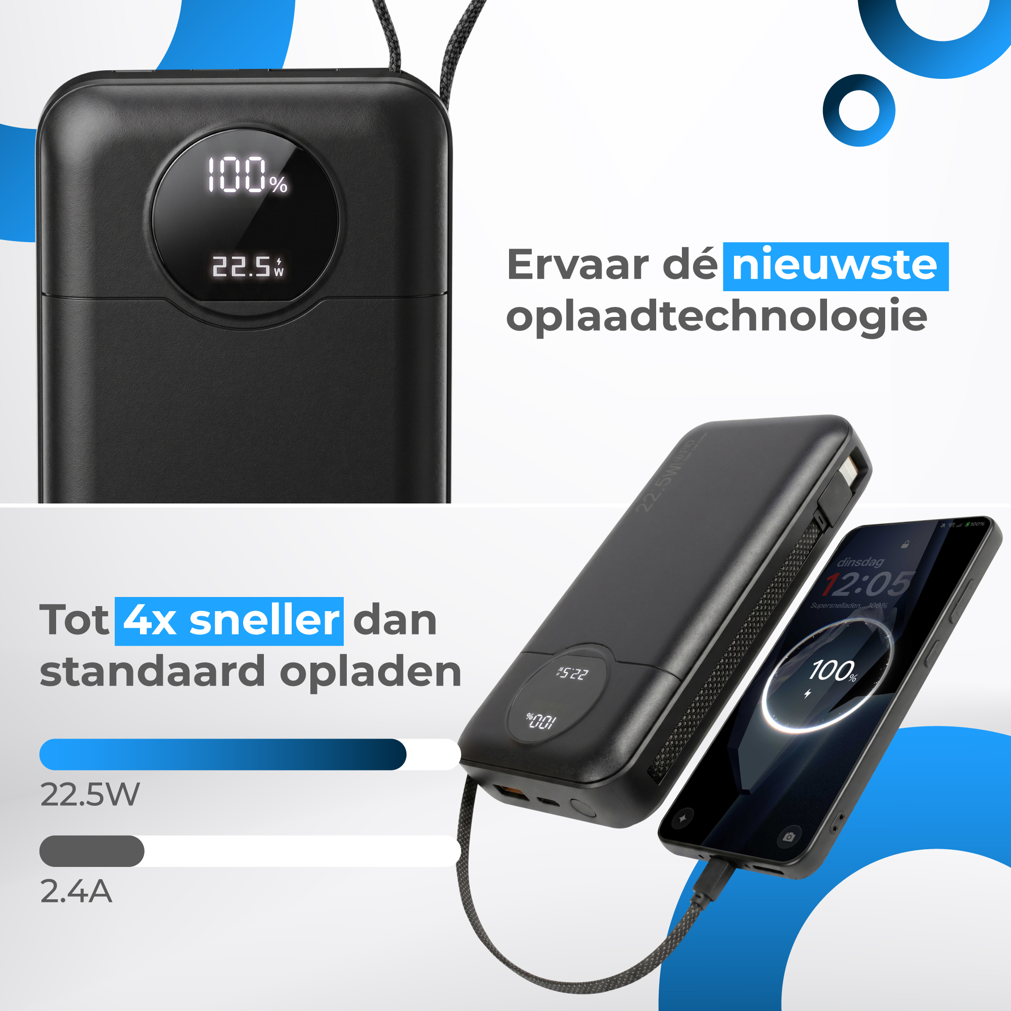 Zwarte powerbank toont 100% lading, laadt een smartphone op.