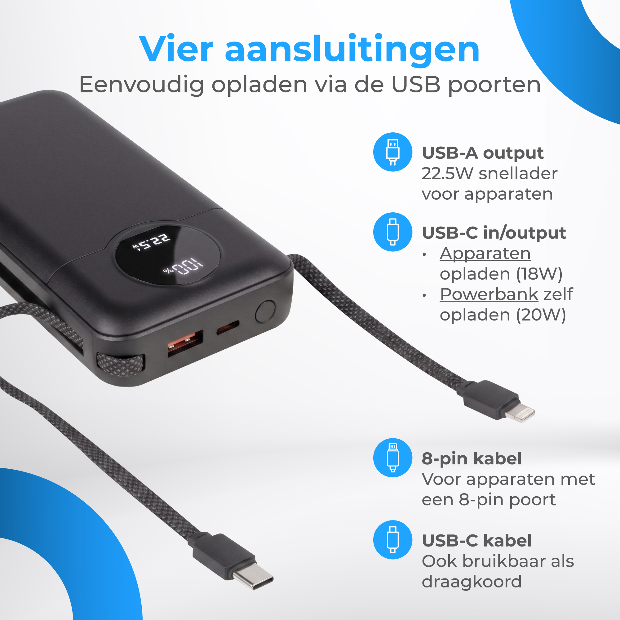 Zwarte powerbank met twee USB-A en één USB-C poort.