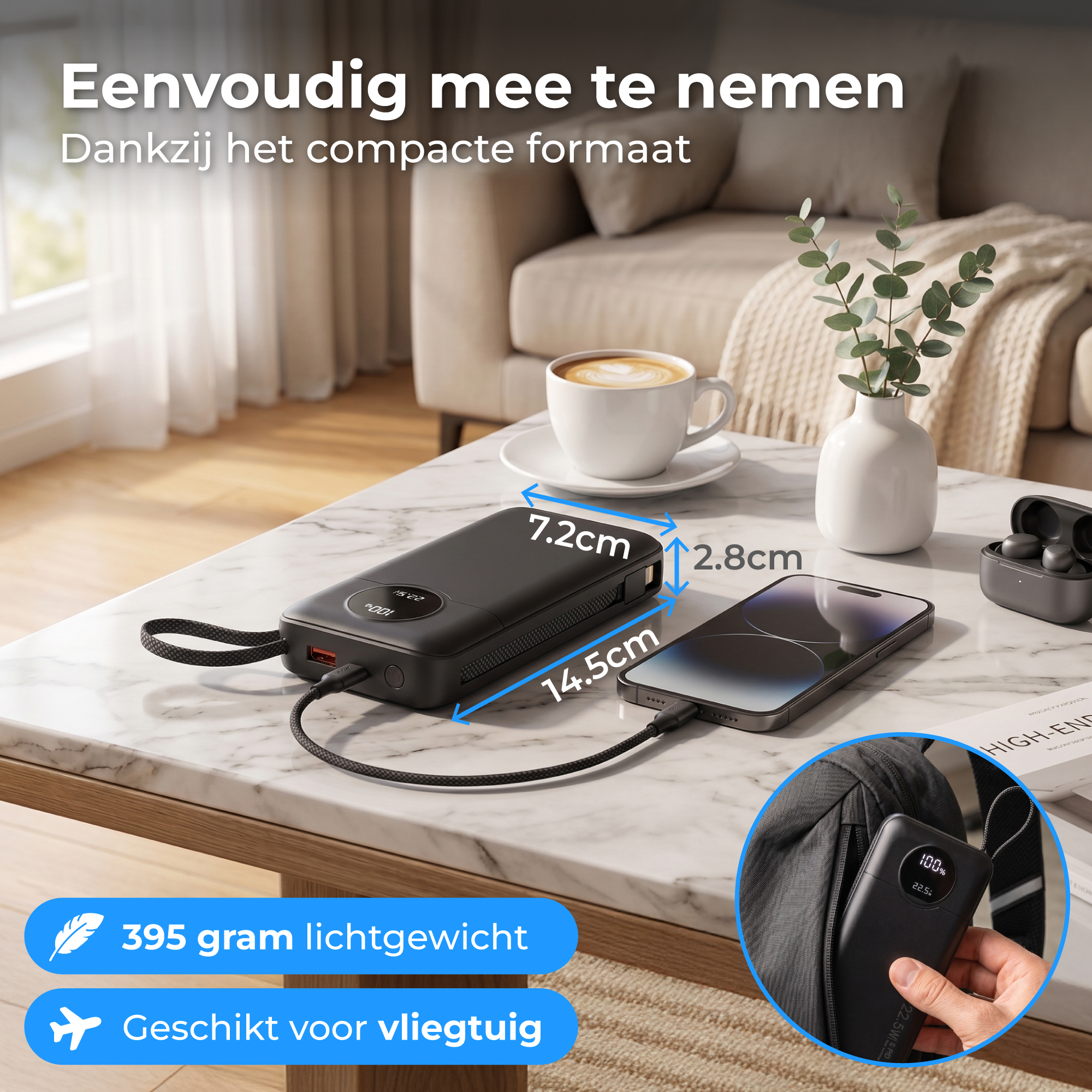 Zwarte powerbank laadt telefoon op marmeren tafel. Afmetingen 14,5x7,2x2,8cm. Licht.