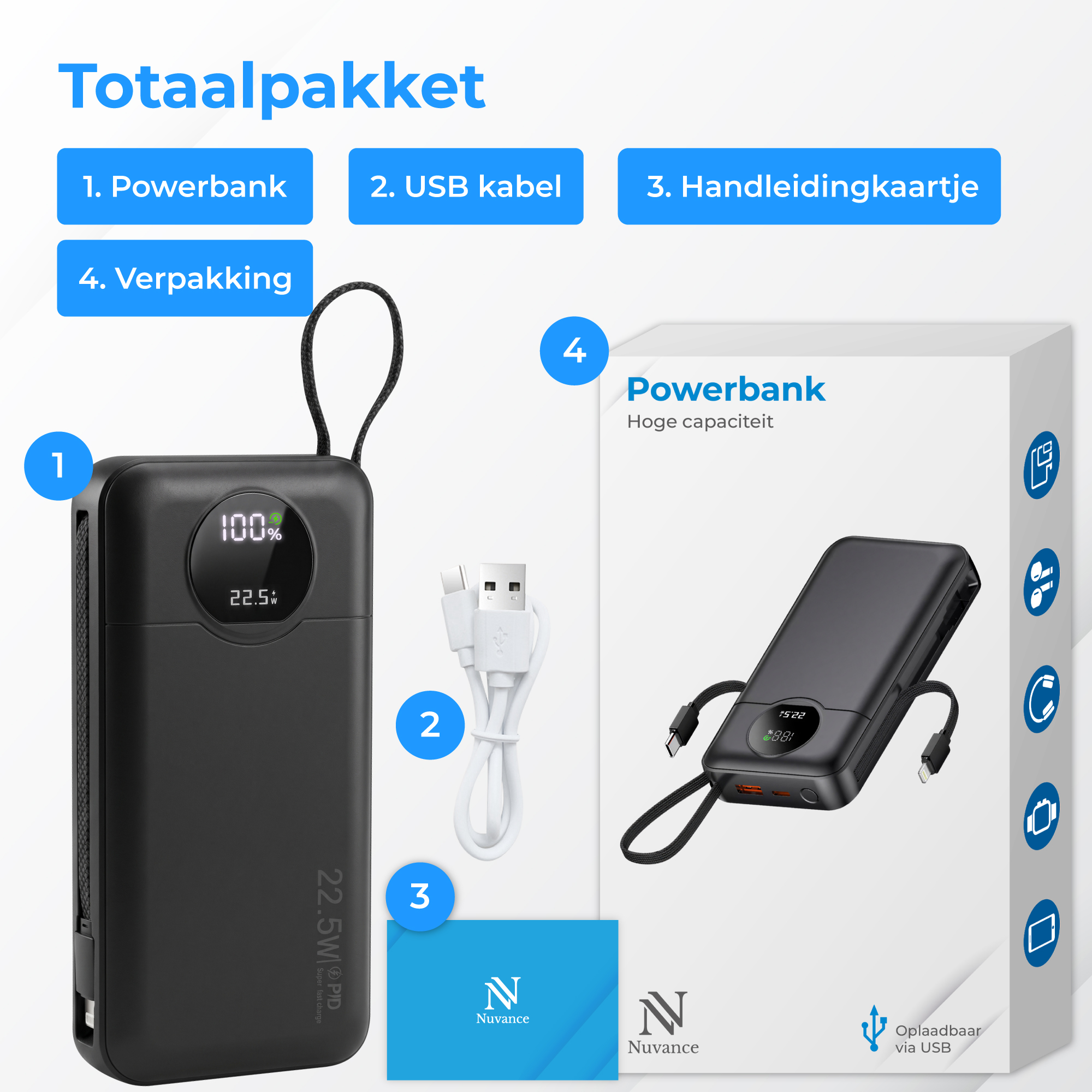 Een zwarte powerbank set met kabel en handleiding op witte achtergrond.