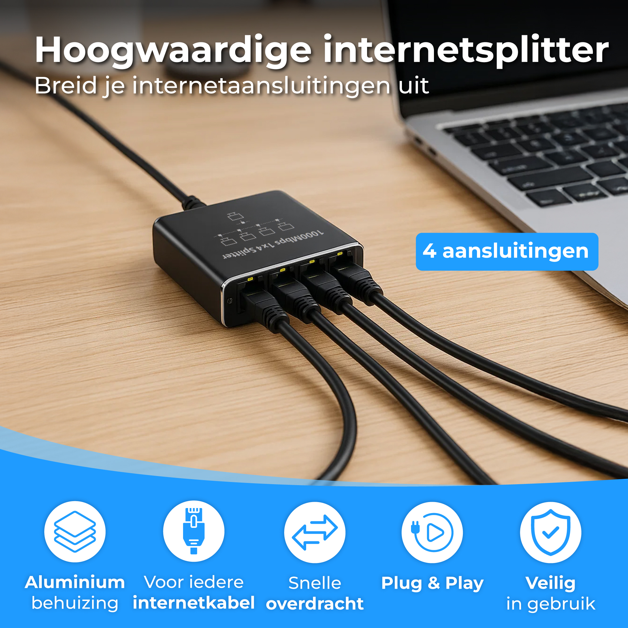 Een zwarte internet splitter met vier aangesloten kabels en een laptop op de achtergrond.
