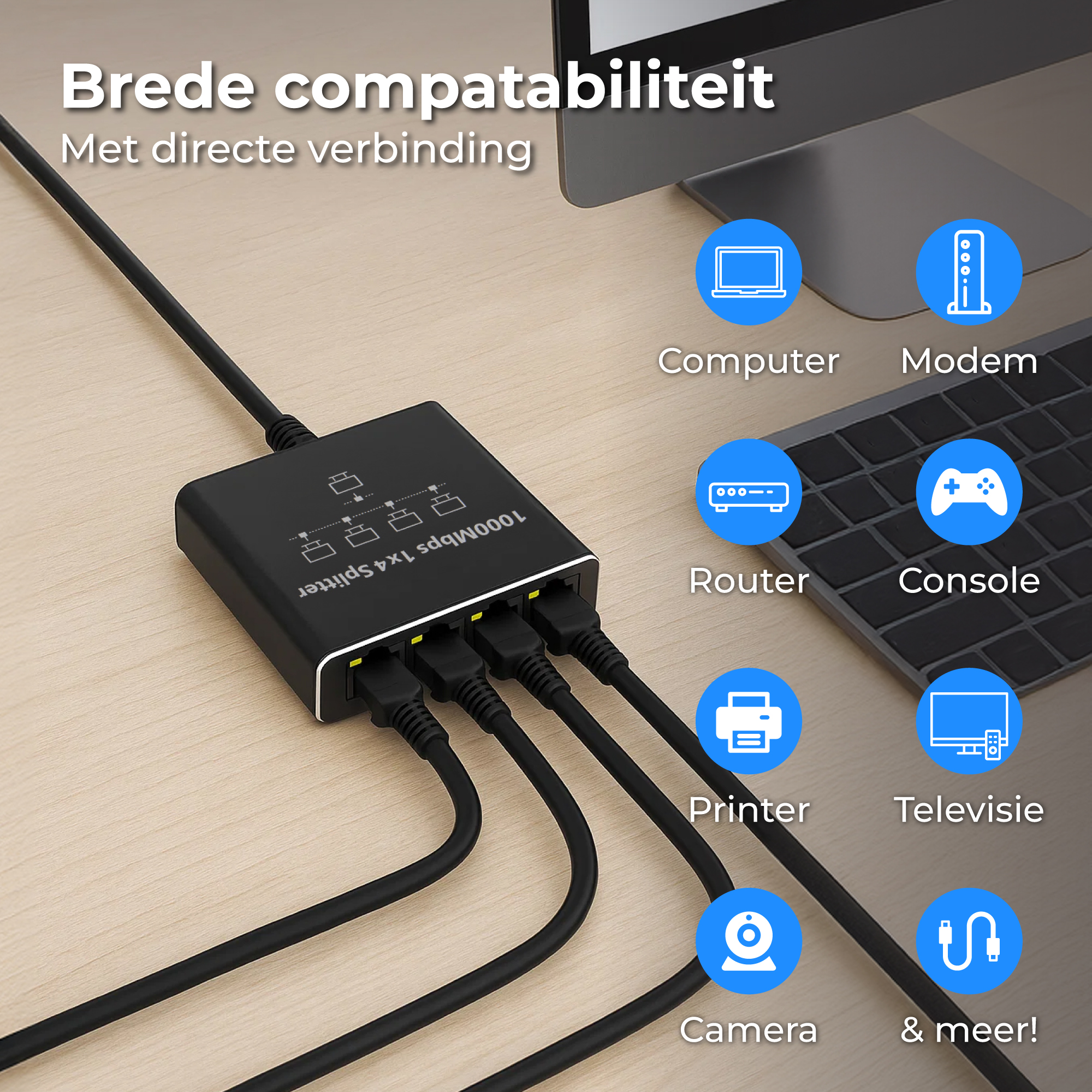 Zwarte netwerk splitter met kabels en iconen voor computer, modem, router, console, printer, TV.