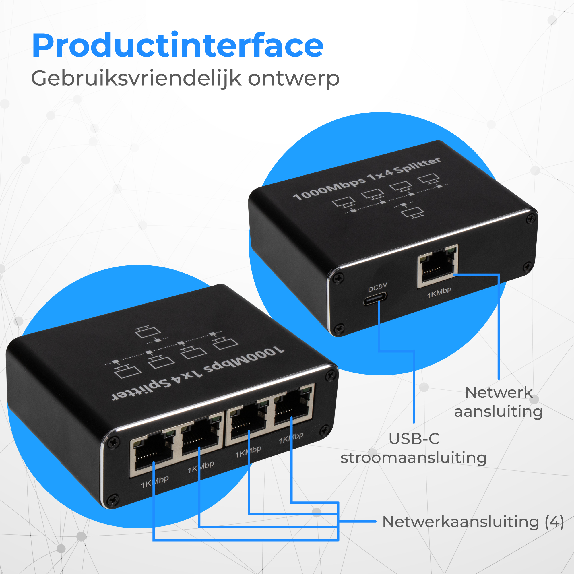 Twee zwarte 1000Mbps 1x4 splitters met netwerk- en USB-C-poorten.