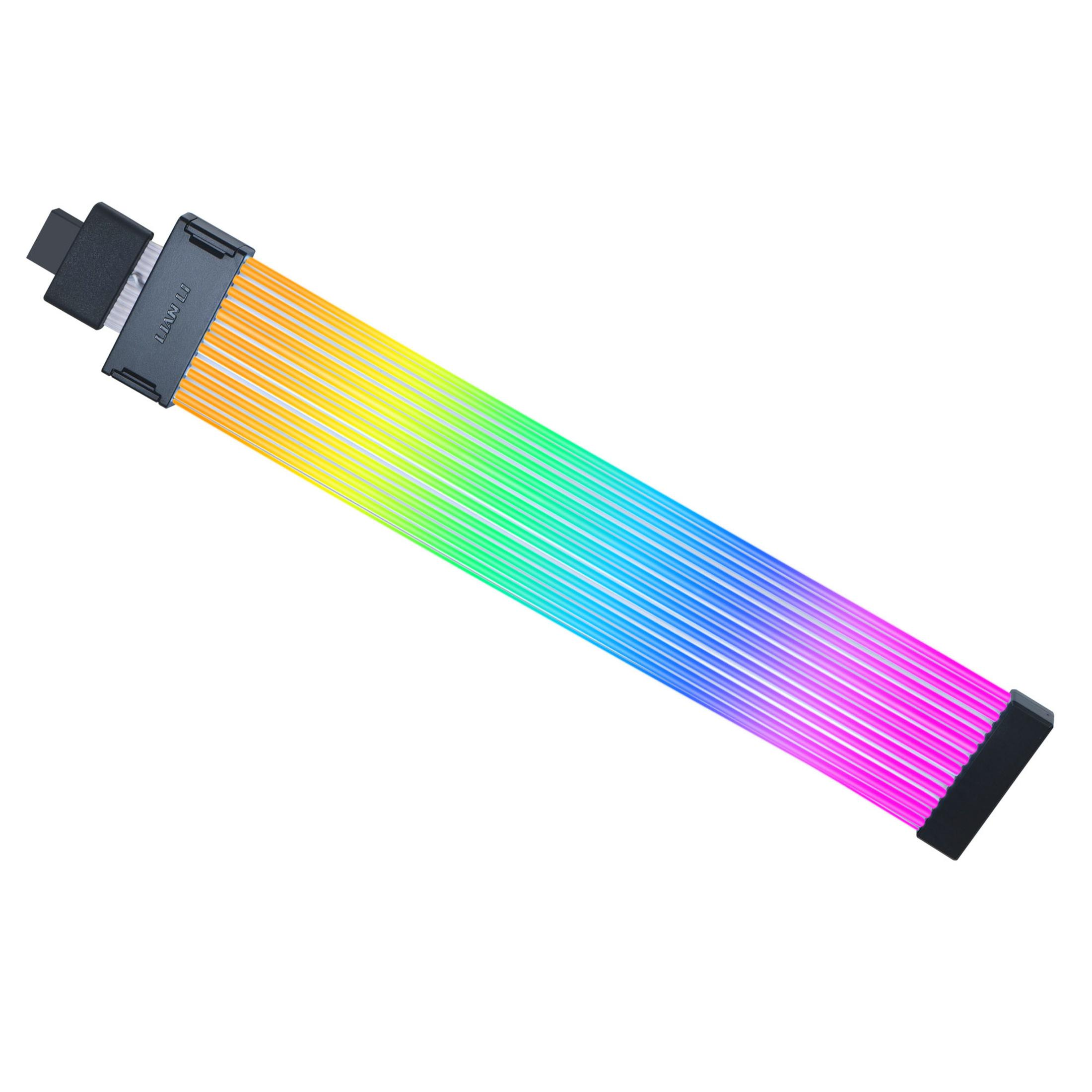 Un cavo RGB Lian Li con colori arcobaleno e connettori neri.