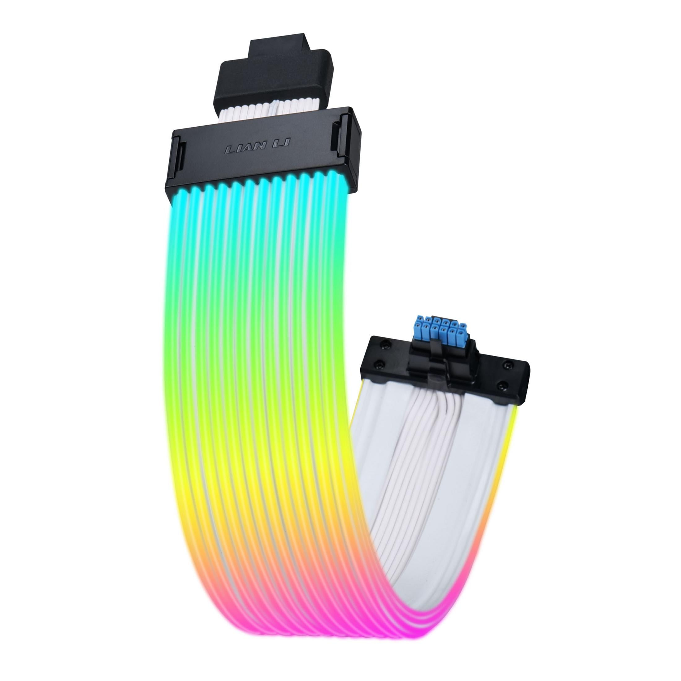 Un cavo Lian Li con illuminazione RGB, che transita da blu, verde, giallo a rosa.