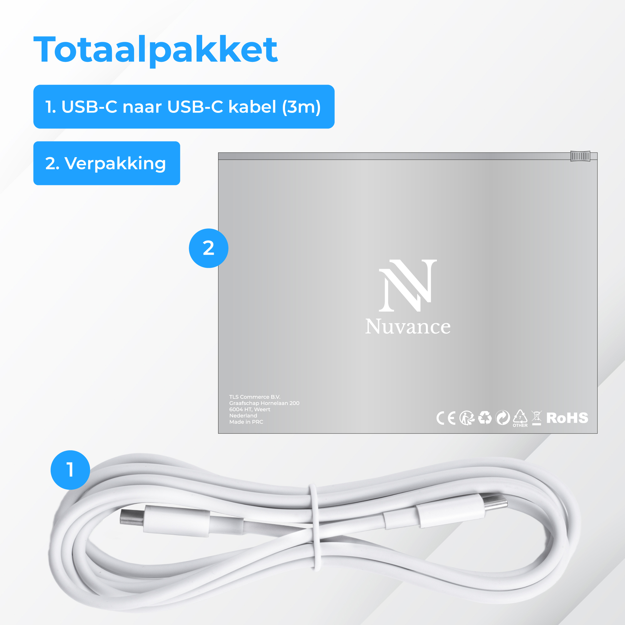 Een witte USB-C kabel en een verpakking met het Nuvance logo.