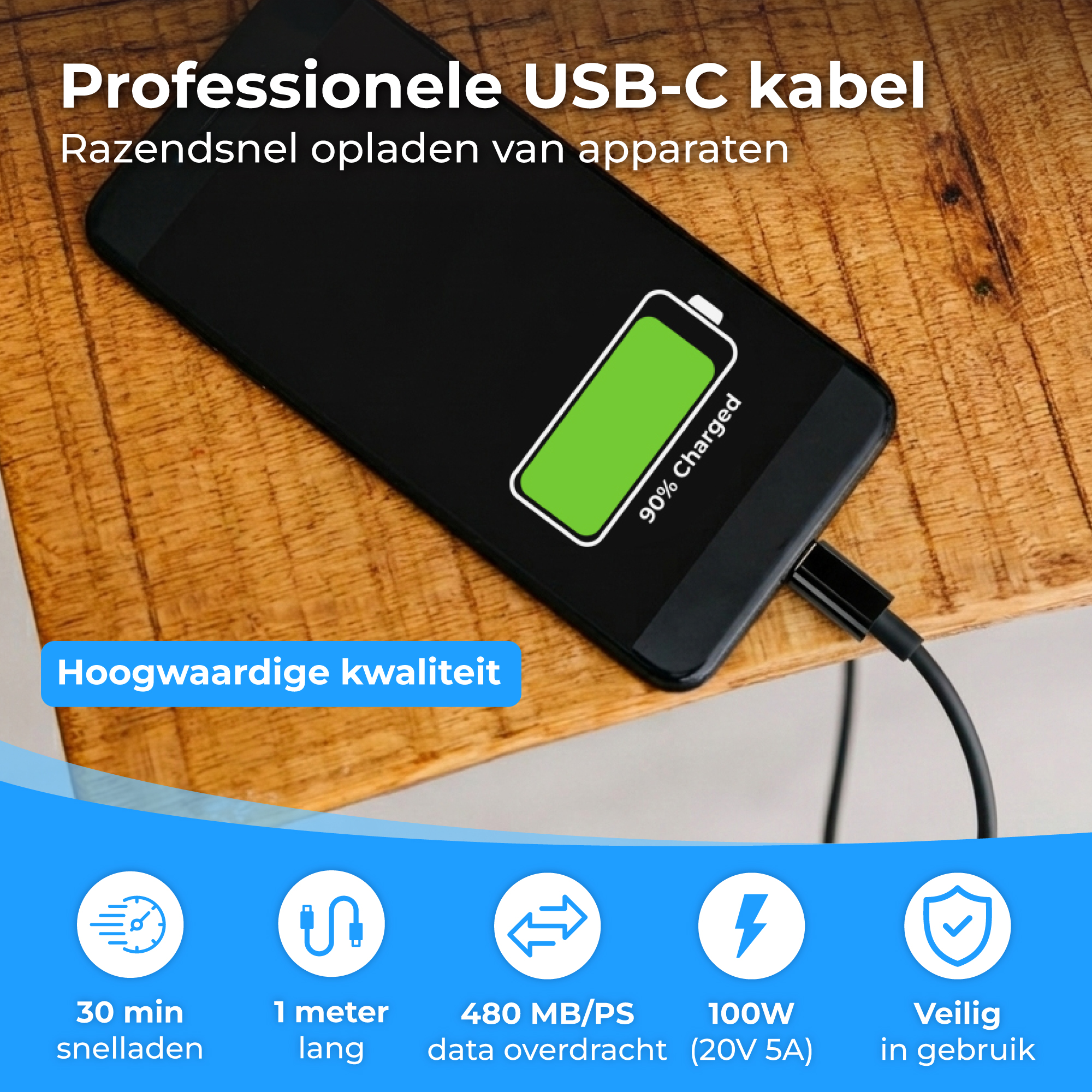 Zwarte smartphone met USB-C kabel, 90% opgeladen. Details over laadtijd, lengte, dataoverdracht.