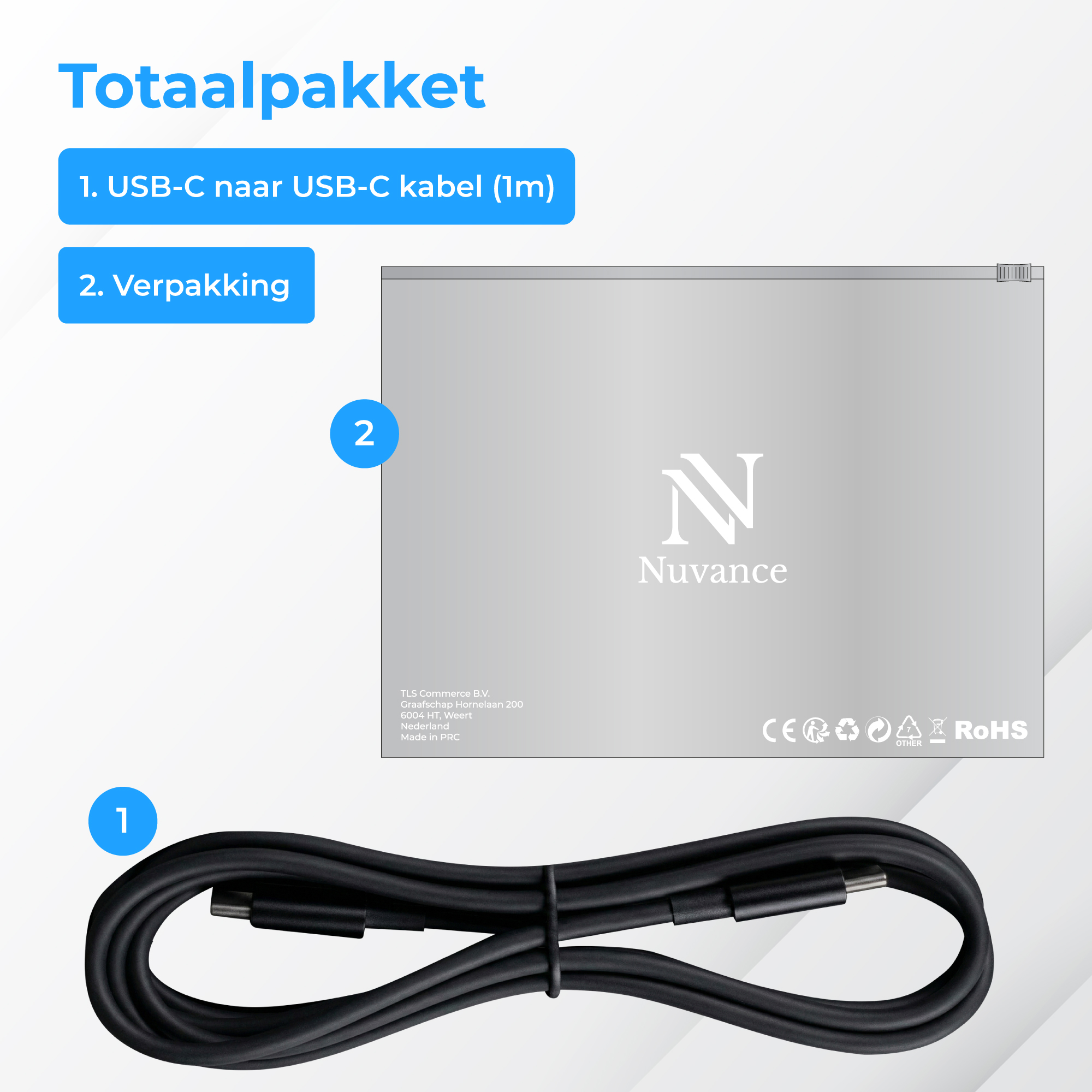 Een zwarte USB-C kabel ligt op een lichtgrijze achtergrond. Links staan tekst en blauwe cirkels.