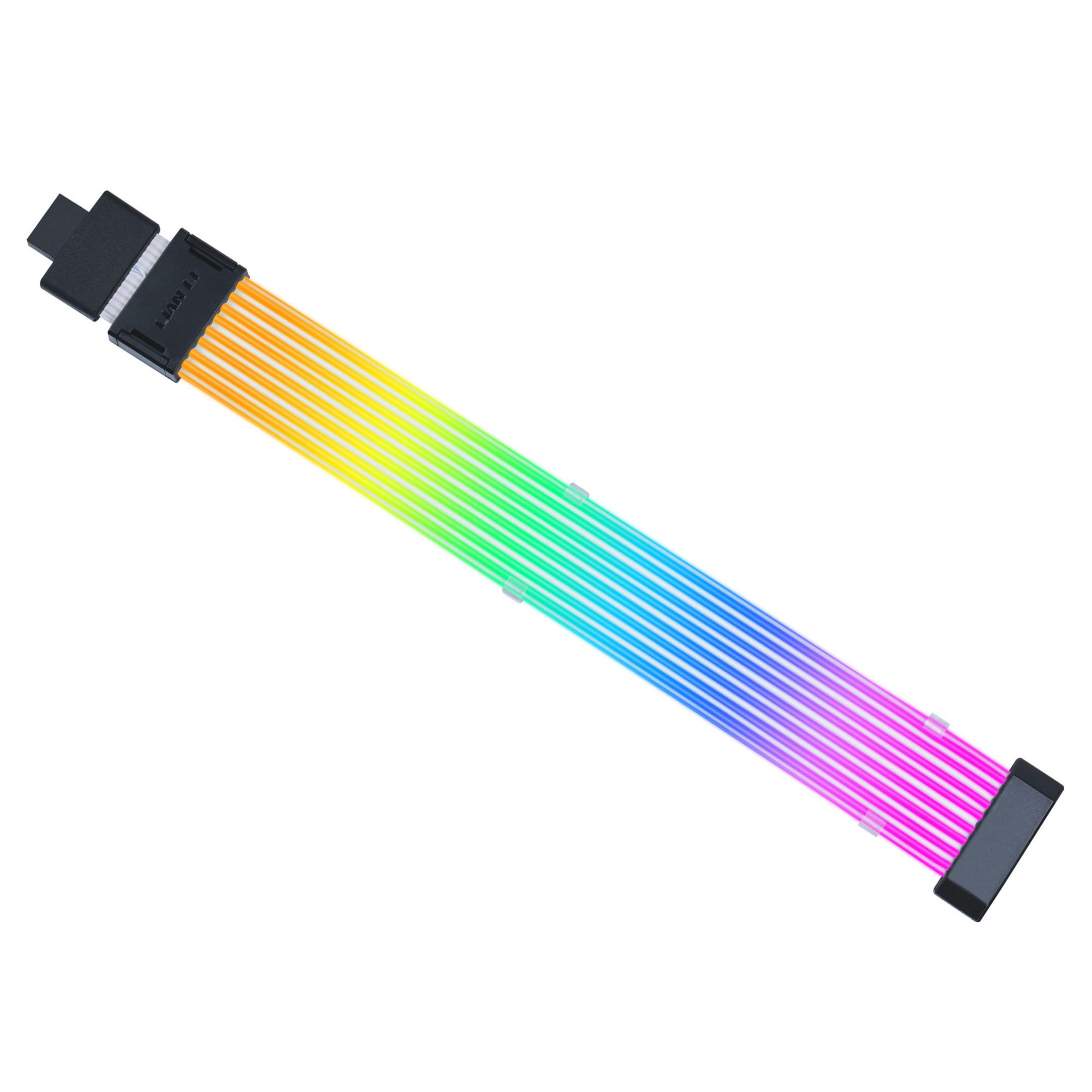 Turuncudan yeşile ve maviye giden gökkuşağı geçişli aydınlatmalı RGB kablo.