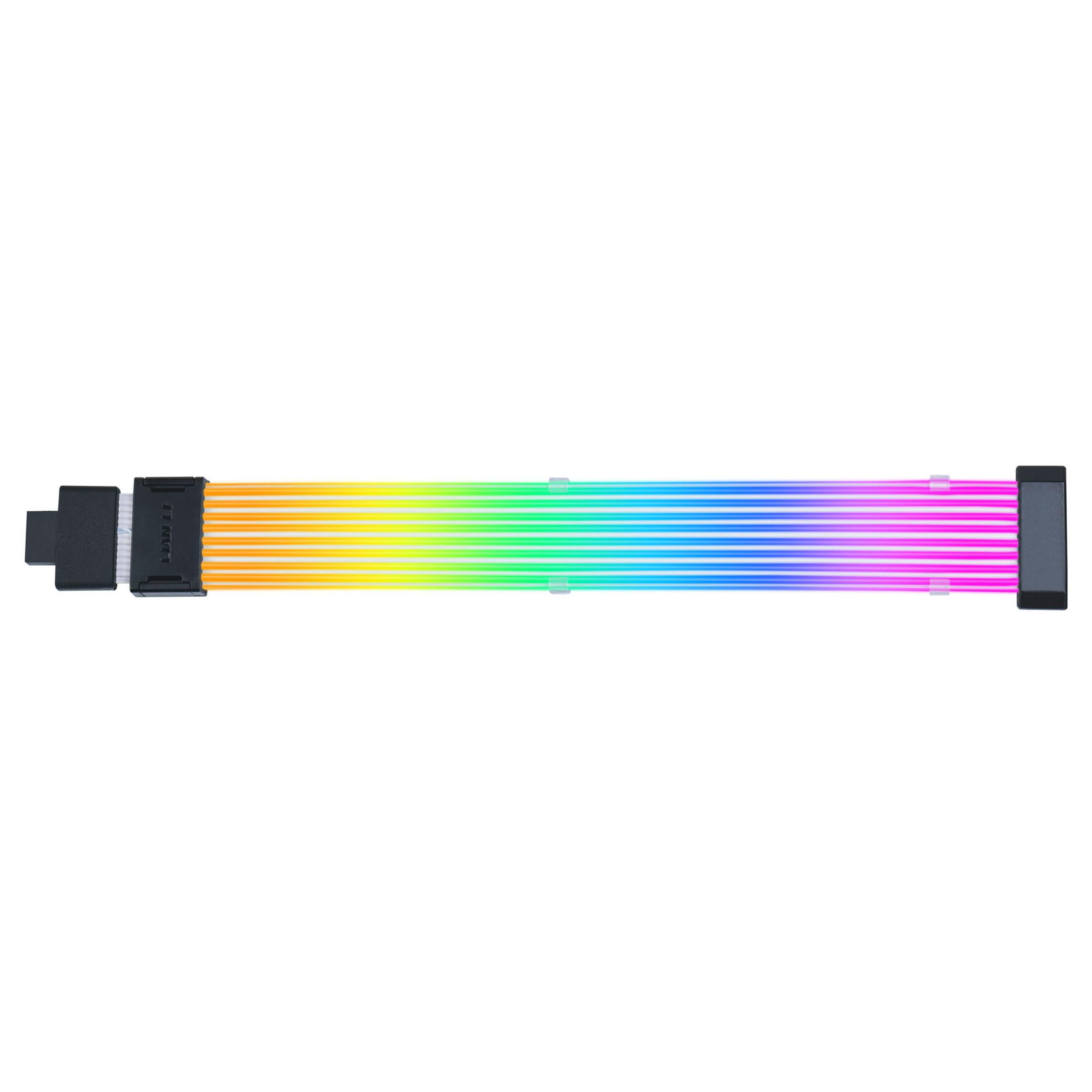 Siyah konektörlü bir RGB kablosu, sarıdan maviye doğru gökkuşağı gradyanı gösteriyor.