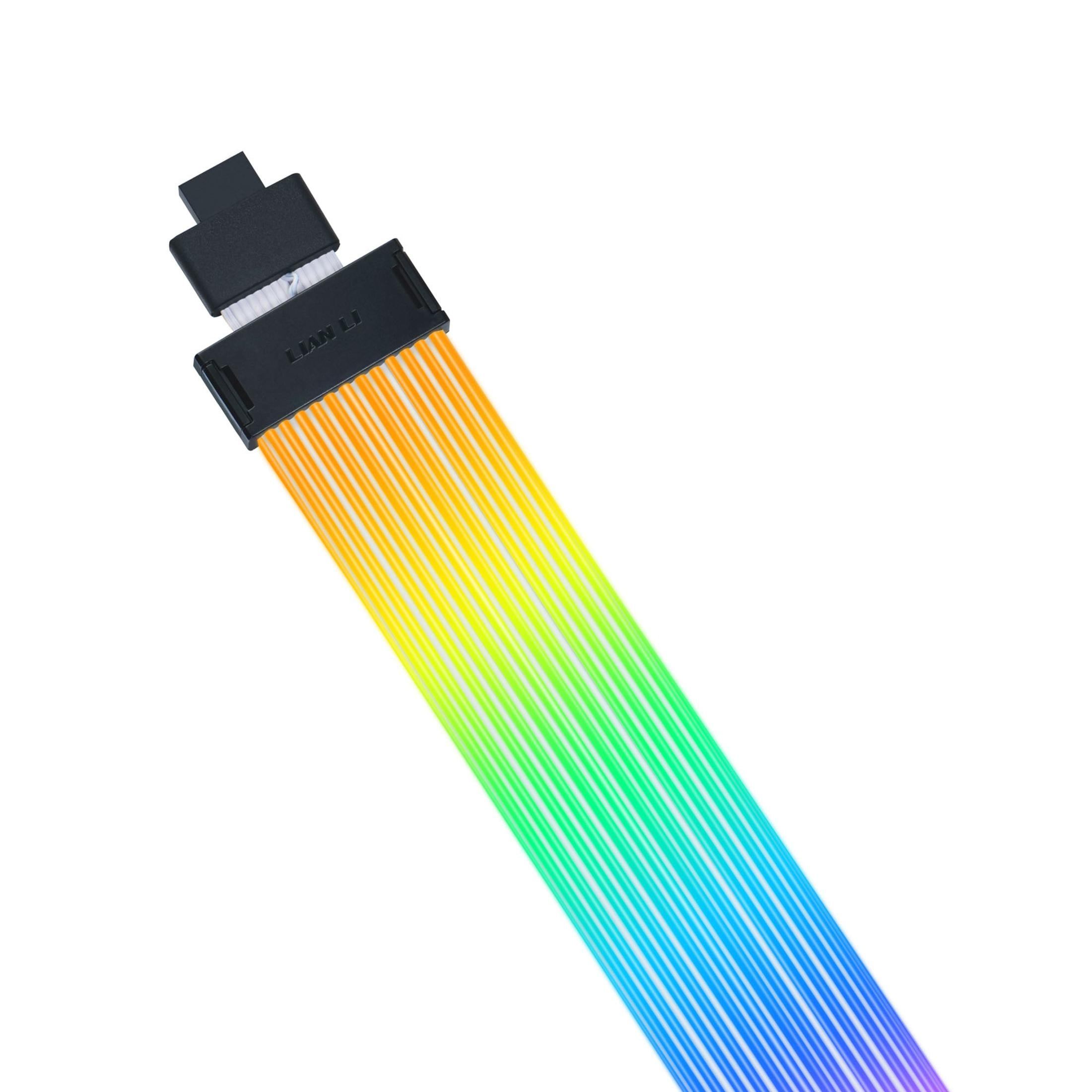 Siyah konektörlü ve gökkuşağı renkli kabloları olan RGB kablosu, beyaz arka plan.