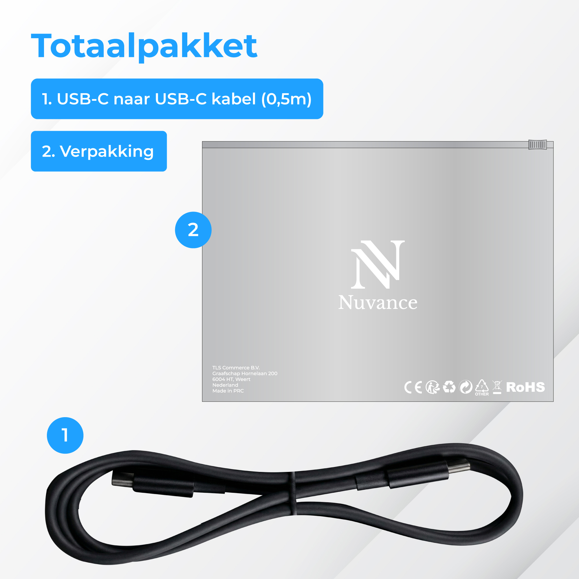 Een zwarte USB-C kabel ligt naast een grijze verpakking met Nuvance logo.