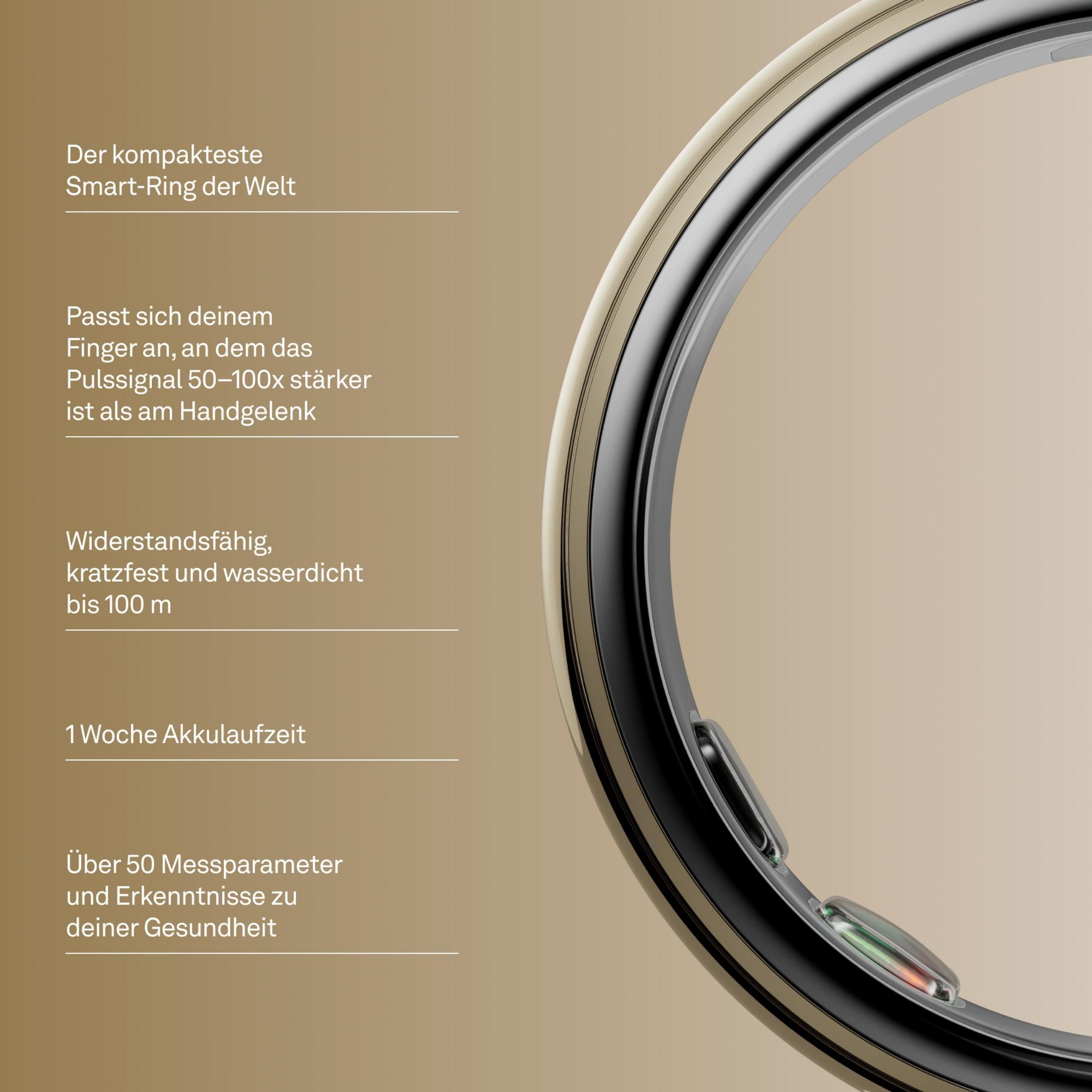 Ein goldener Smart-Ring mit schwarzen Akzenten, auf hellem Hintergrund.