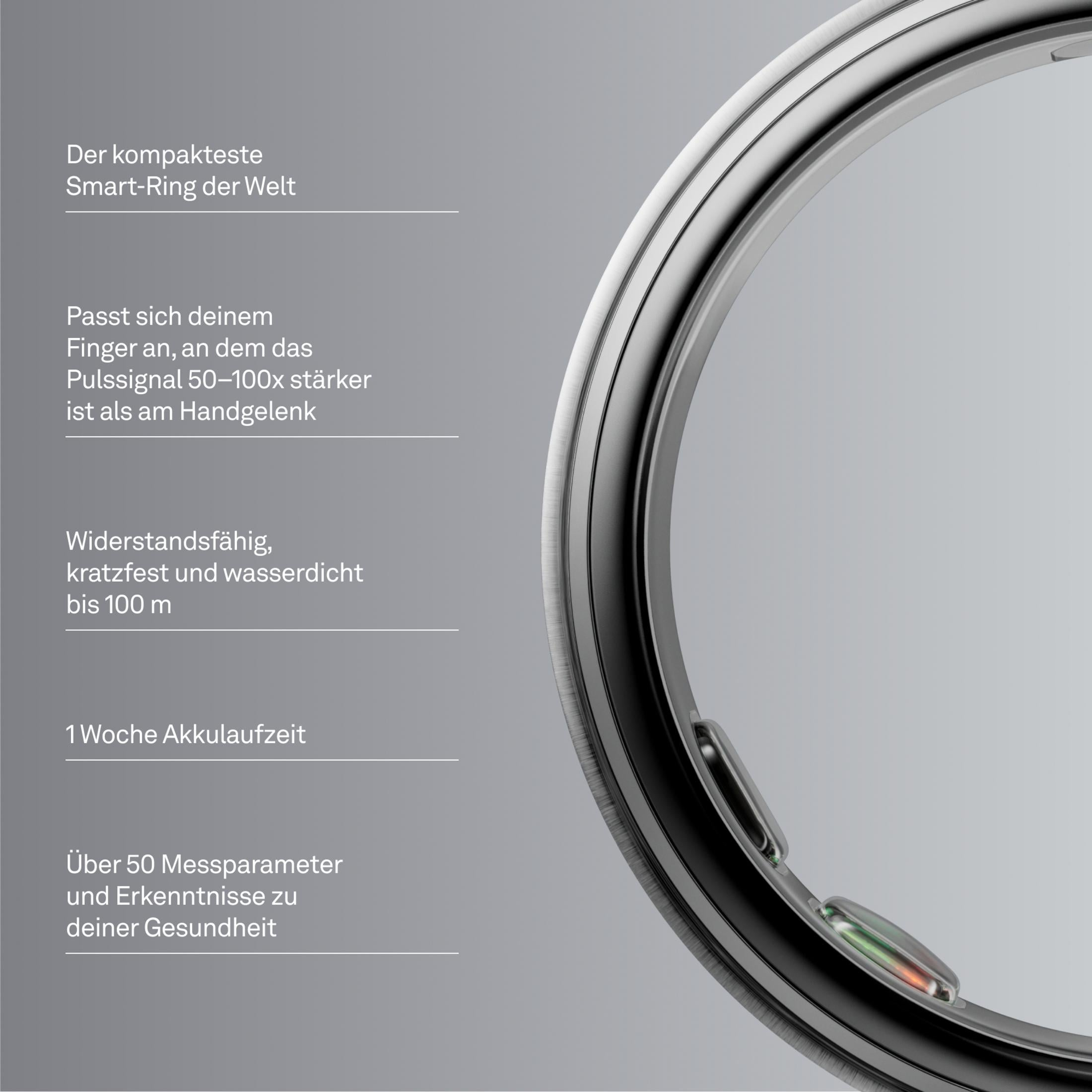 Ein kompakter Smartring aus Metall mit Textinformationen über seine Funktionen.