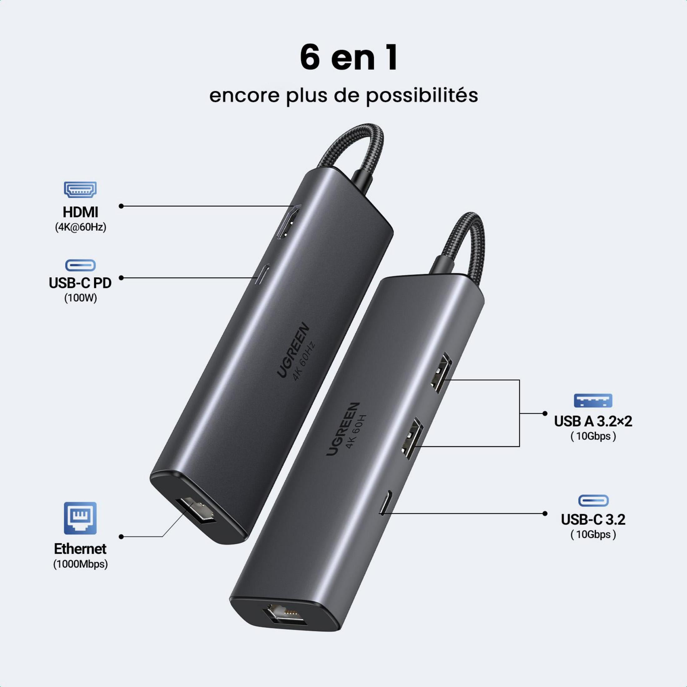 Dwa szare huby USB-C z portami HDMI, Ethernet, USB-A i USB-C.