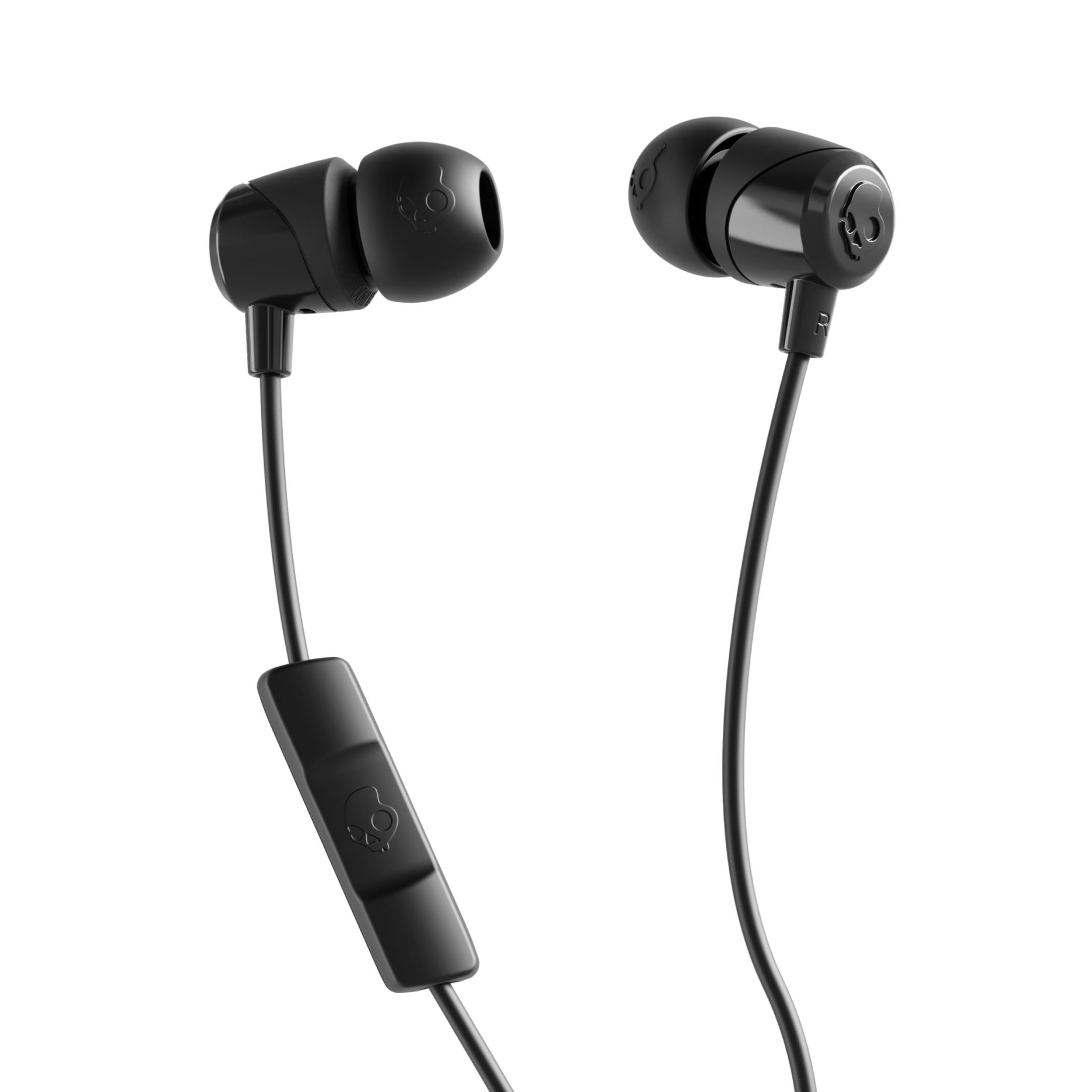 Skullcandy logolu ve hat mikrofonlu siyah kulak içi kulaklıklar.