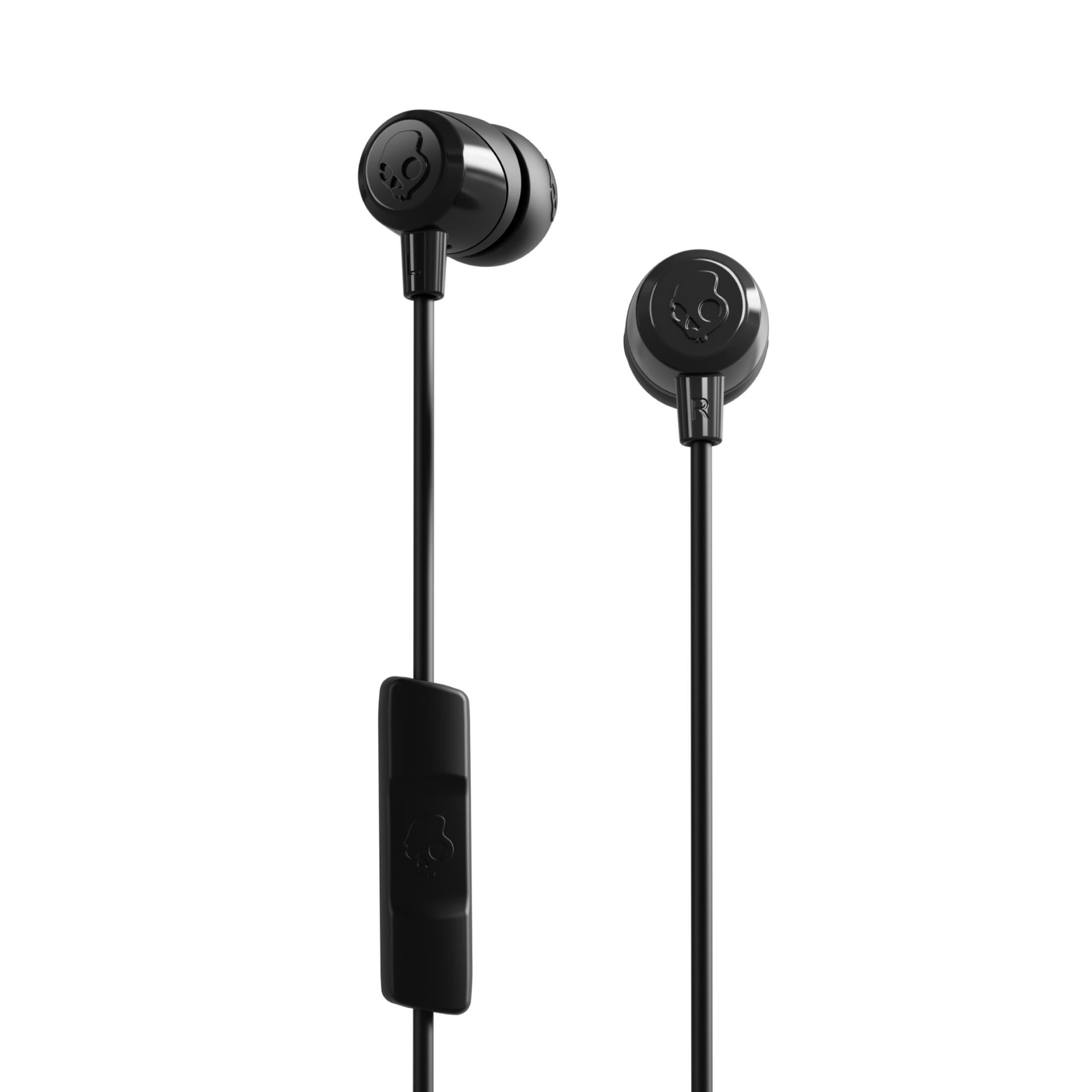 Siyah Skullcandy kulak içi kulaklık, mikrofonlu ve logolu.