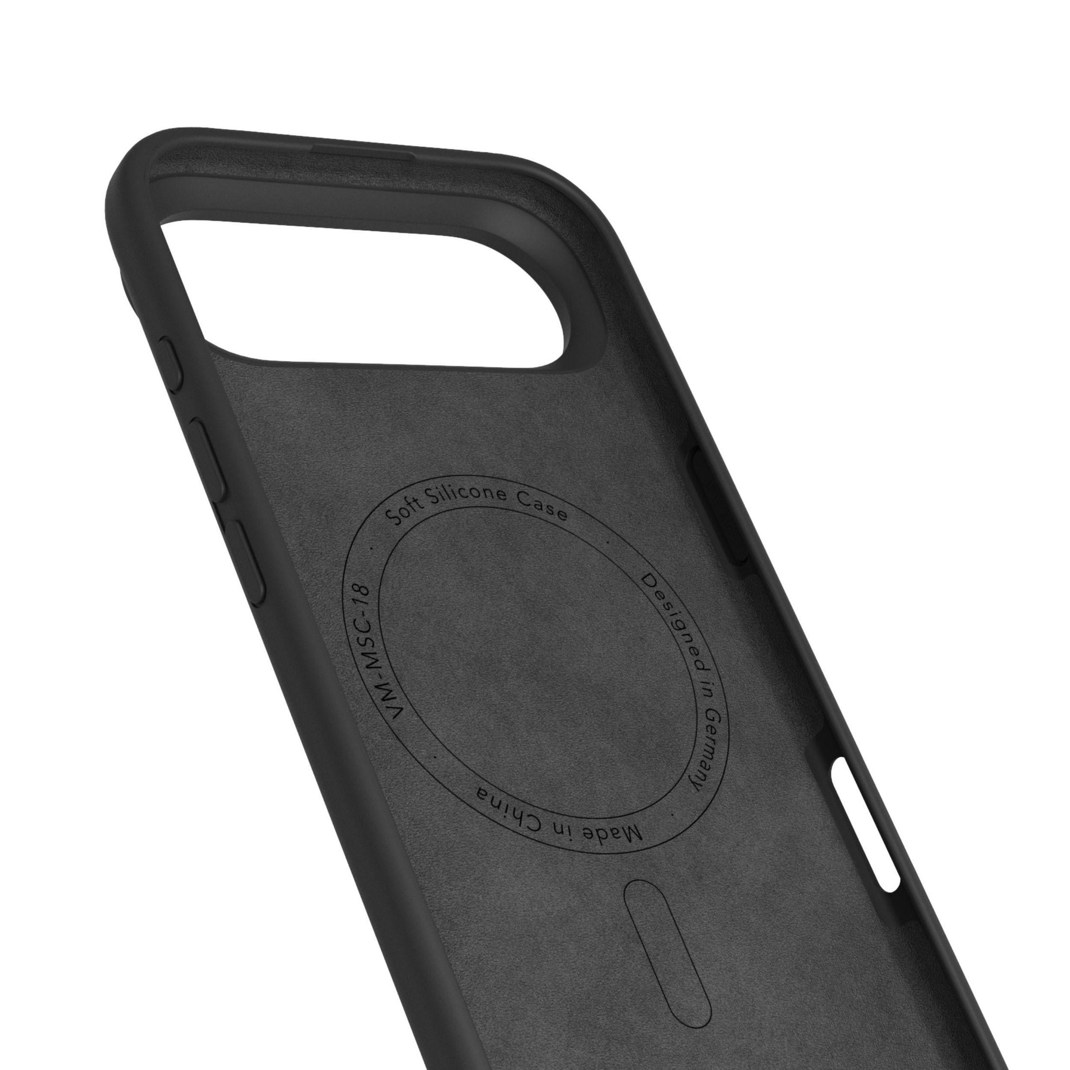 Schwarzes Silikon-Handyhülle innen mit Text: VM-MSC-18, Soft Silicone Case, Made in China, Designed in Germany.