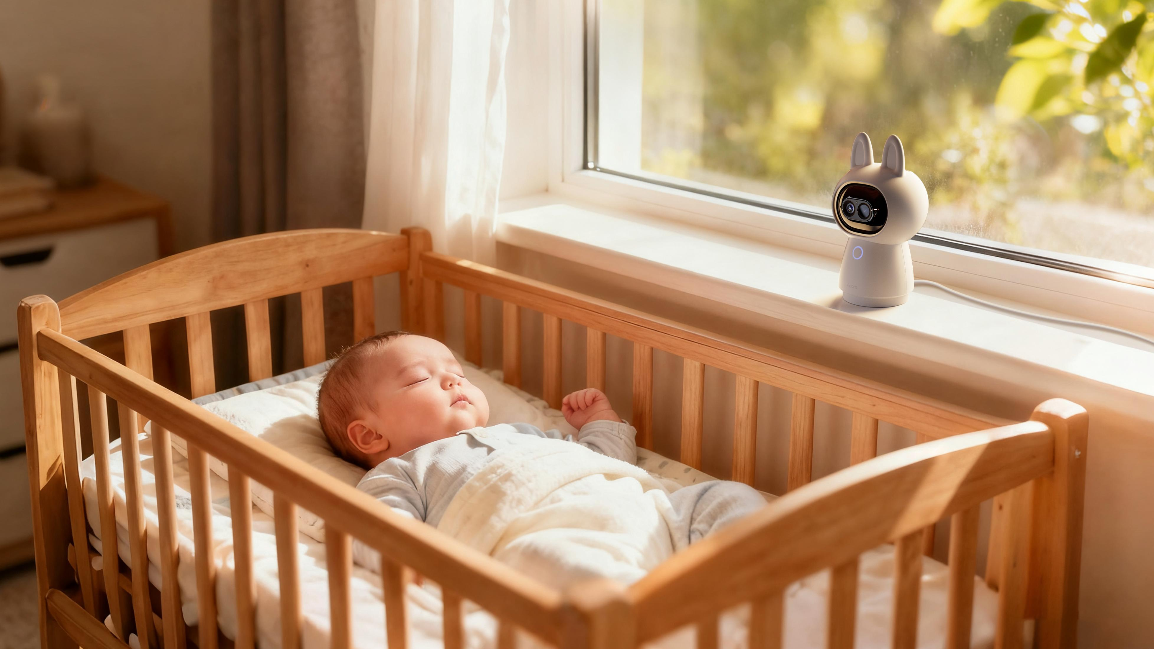 Ein Baby schläft in einem Holzgitterbett, ein Babyphone steht auf der Fensterbank.