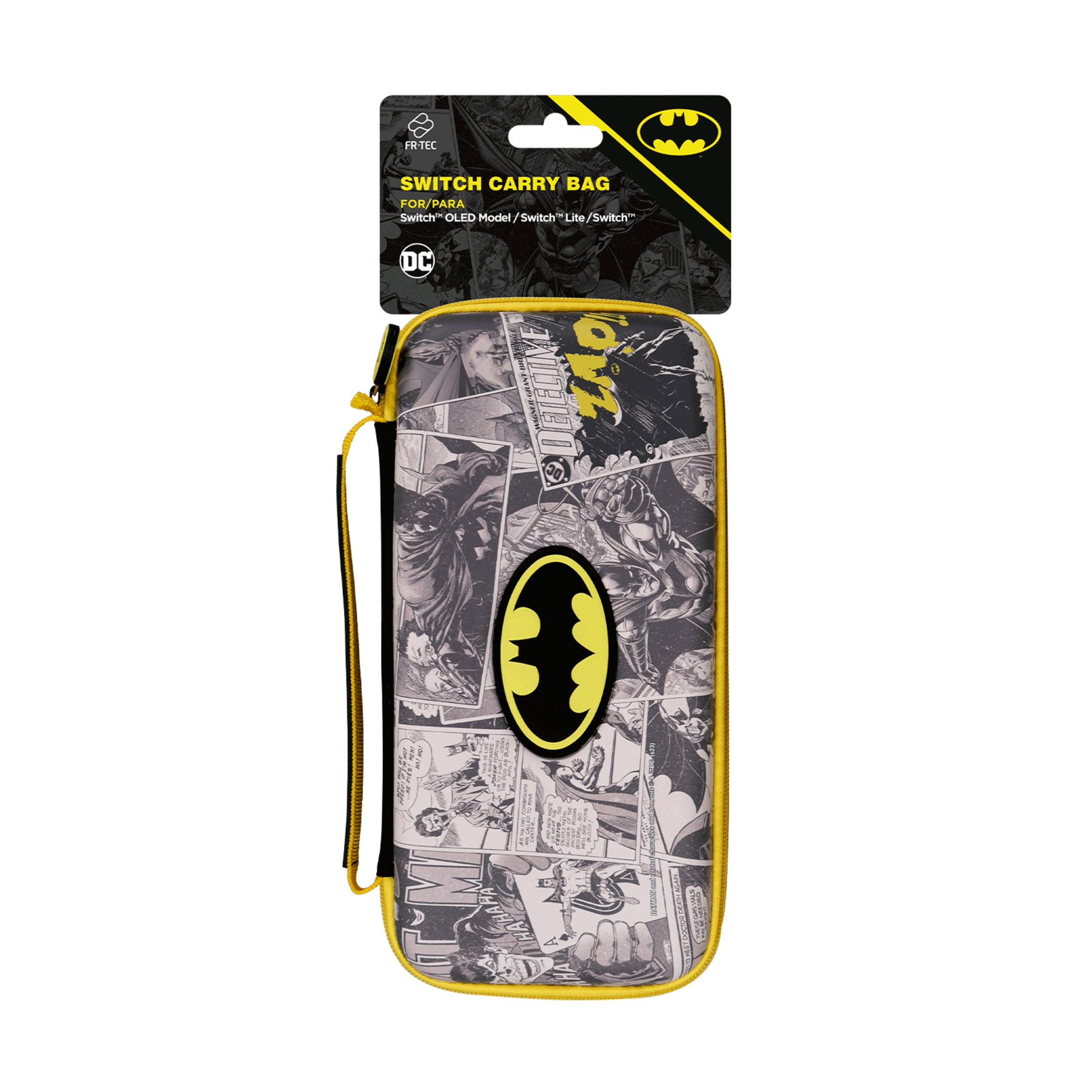 Funda de transporte Batman Switch con estampado de cómic, ribete amarillo y asa.
