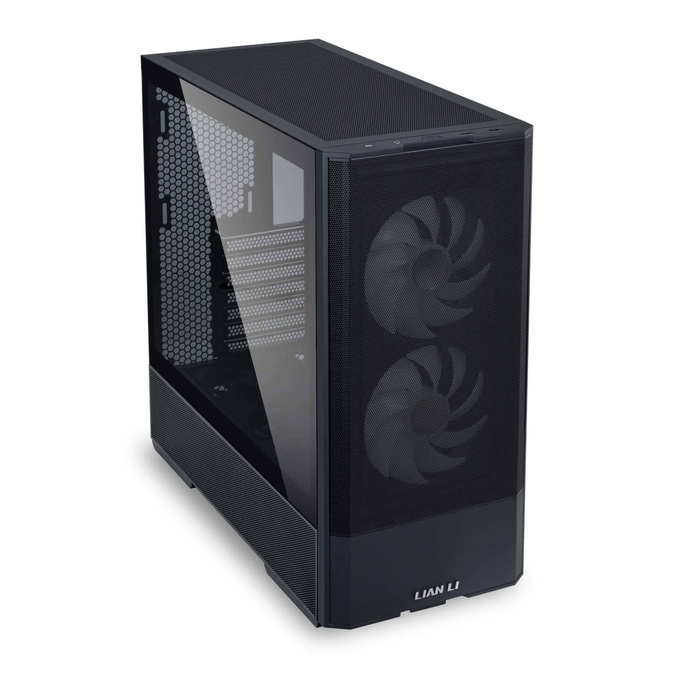 Un case PC Lian Li nero con pannello laterale in vetro e due ventole frontali.
