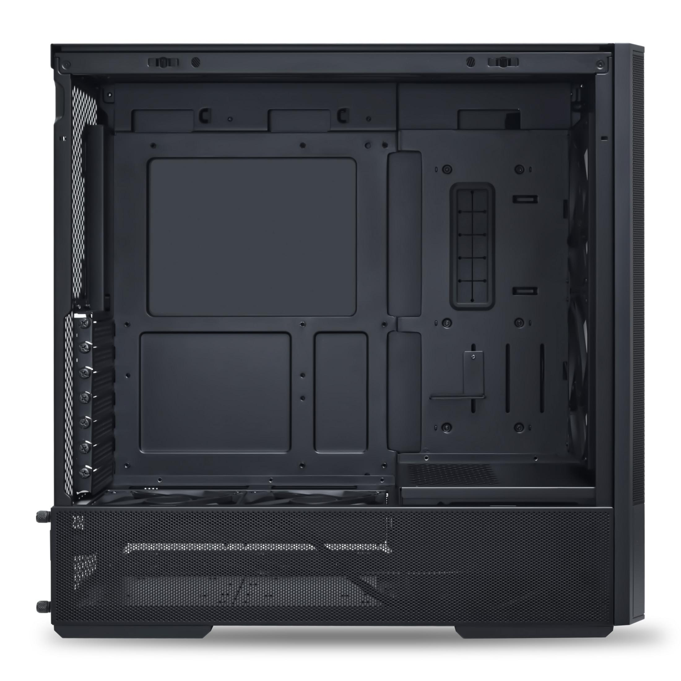 Interno case PC nero. Mostra supporti scheda madre, alloggiamenti drive e ventilazione.