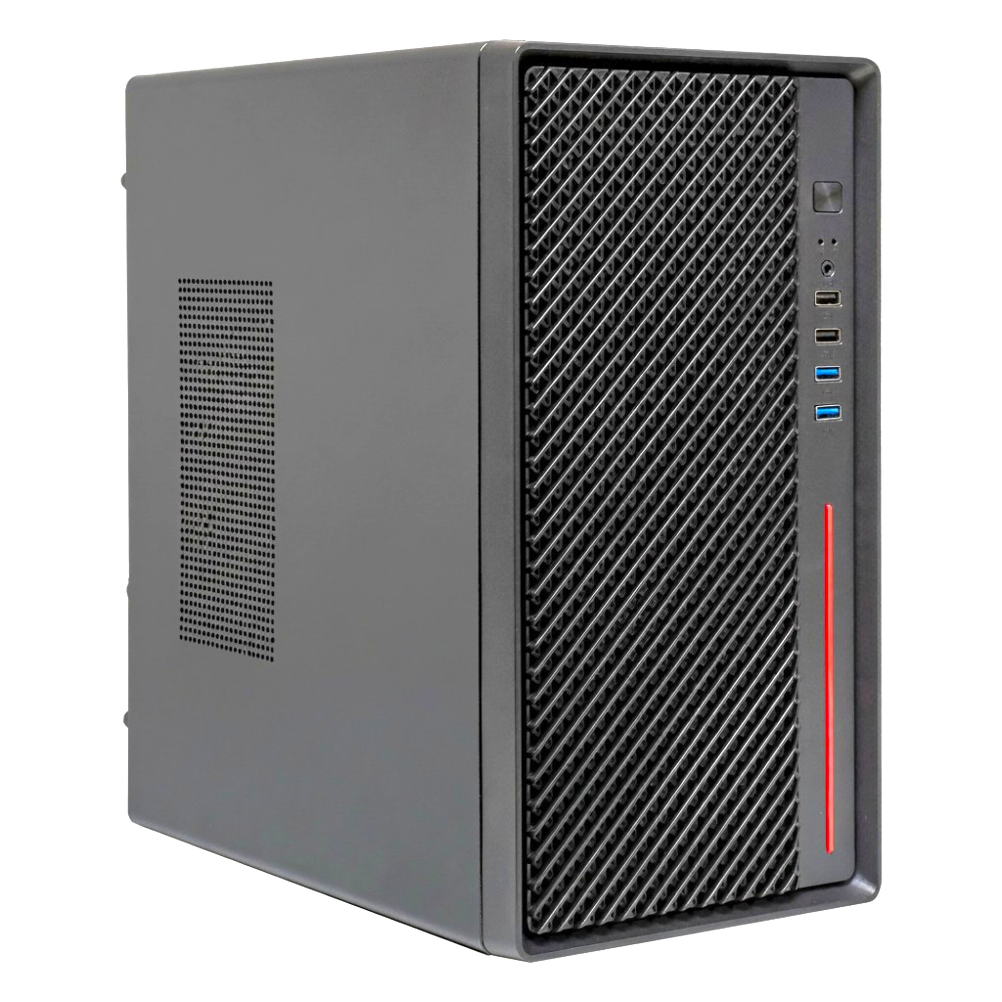 Torre de computadora gris con rejilla de ventilación y acentos rojos.