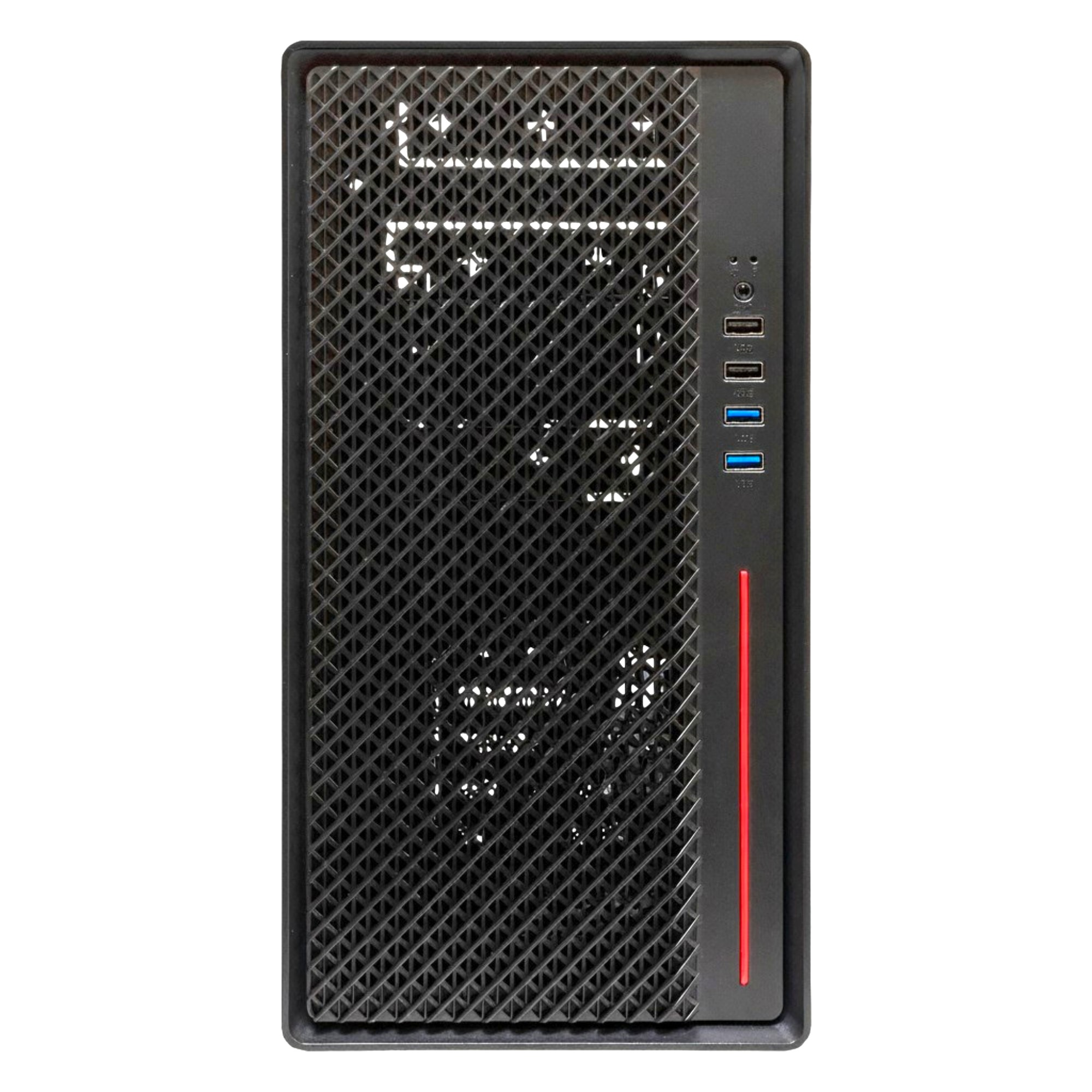 Caja de PC negra con rejilla frontal y franja roja vertical.
