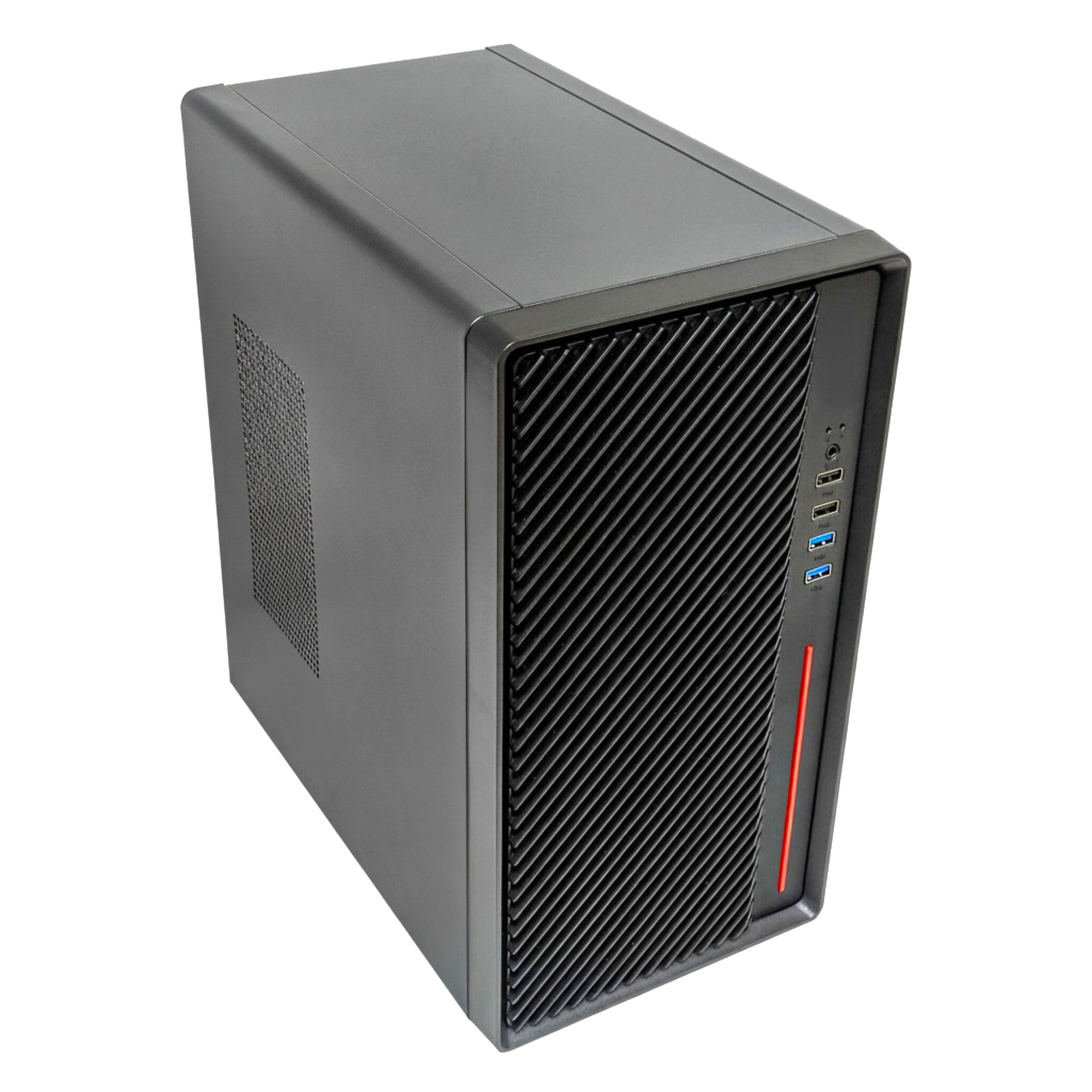 Una torre de ordenador negra con panel frontal texturizado y puertos USB.