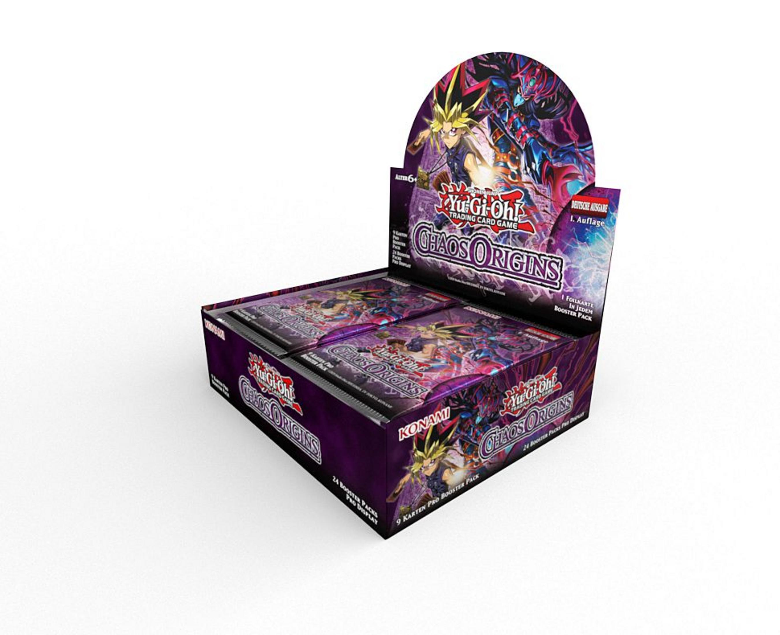 Eine Schachtel Yu-Gi-Oh! Chaos Origins Sammelkarten mit Bildern von Yugi und dem Dunklen Magier.