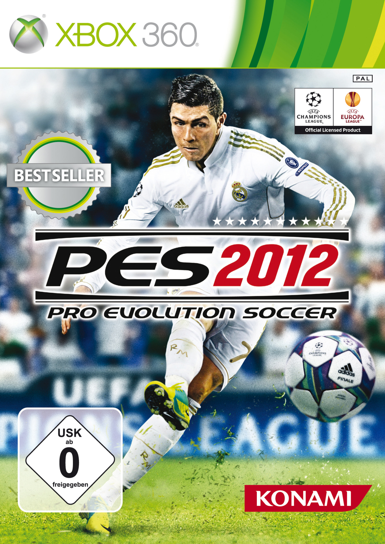 Fußballspiel-Cover: Cristiano Ronaldo in Aktion, PES 2012 Logo, Xbox 360.