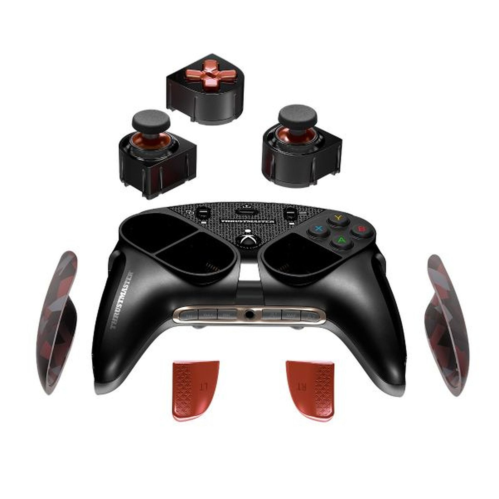 Un controller nero con parti staccabili: joystick, D-pad e impugnature.