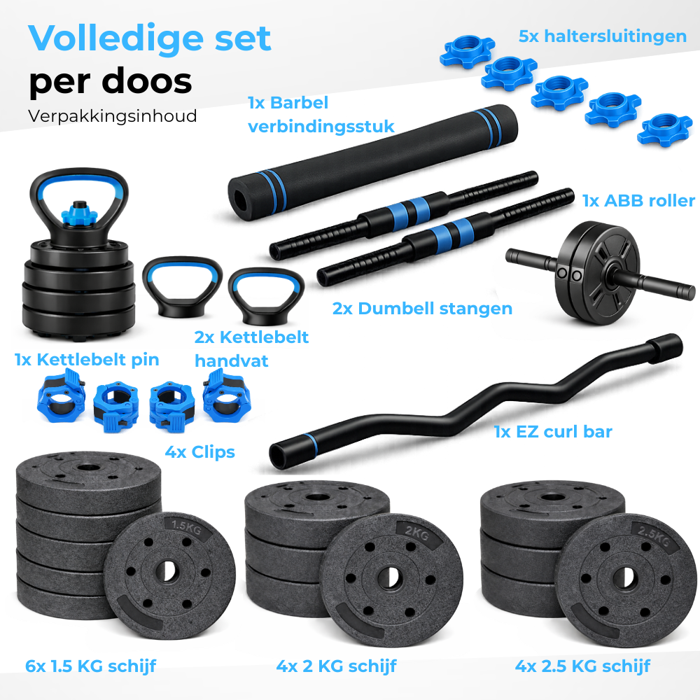 Fitnessapparatuur set met gewichten, halterstangen, kettlebell handvatten, roller.