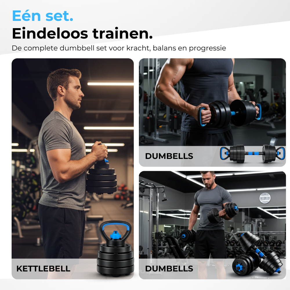 Man houdt kettlebell en dumbbells vast in sportschool. Verstelbare gewichten.