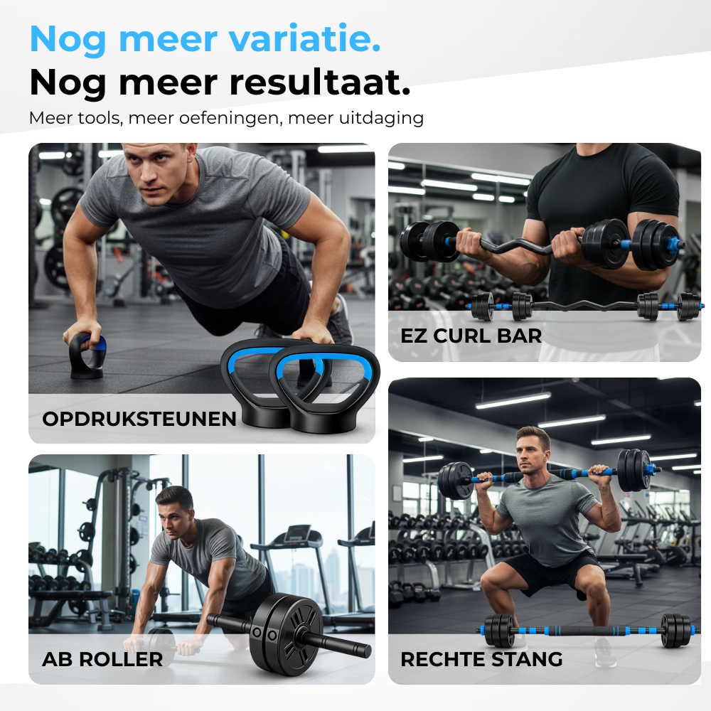 Vier fitnessapparaten: opdruksteunen, EZ-stang, ab roller, rechte stang.