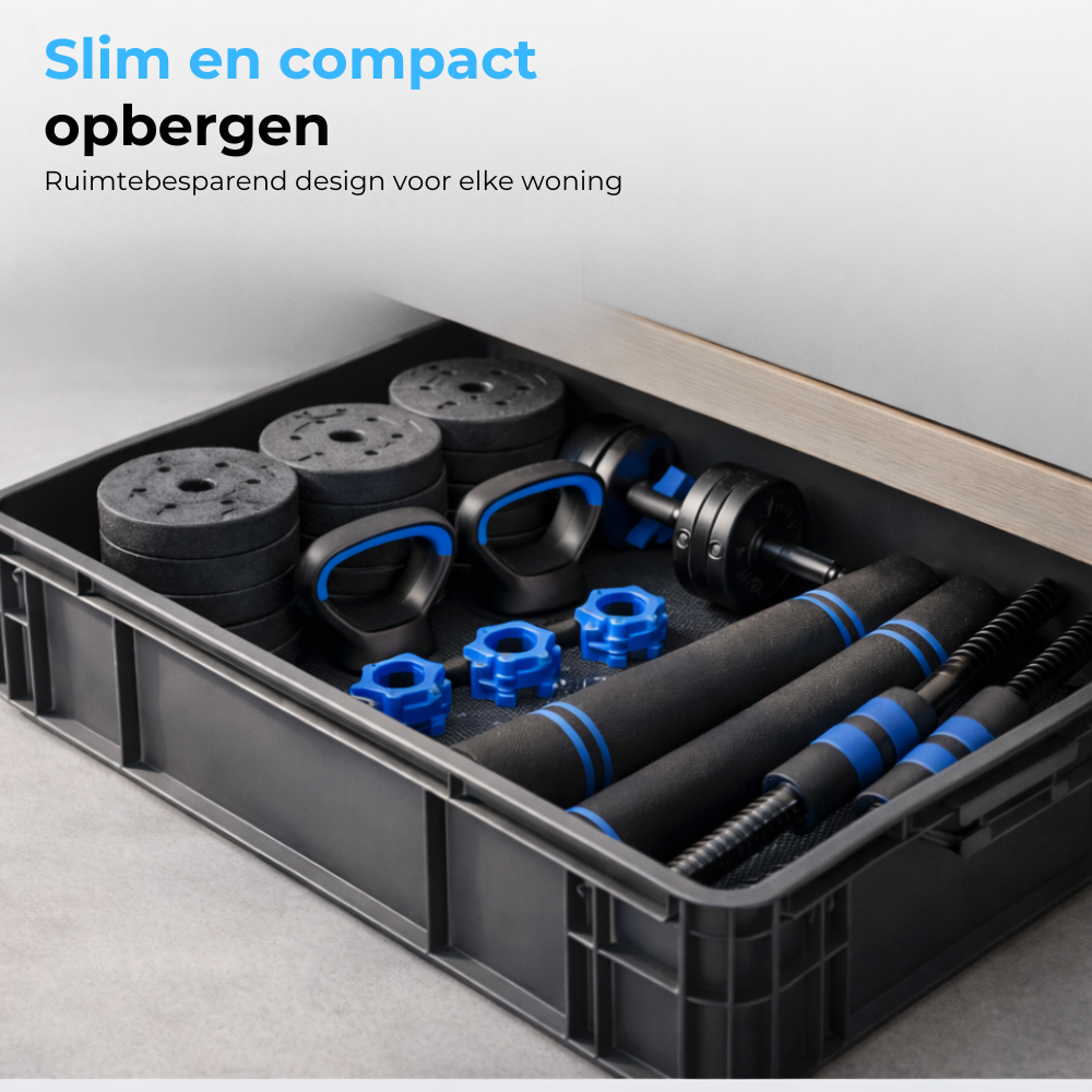 Dumbbell gewichten, stangen en handgrepen netjes opgeborgen in een zwarte bak.
